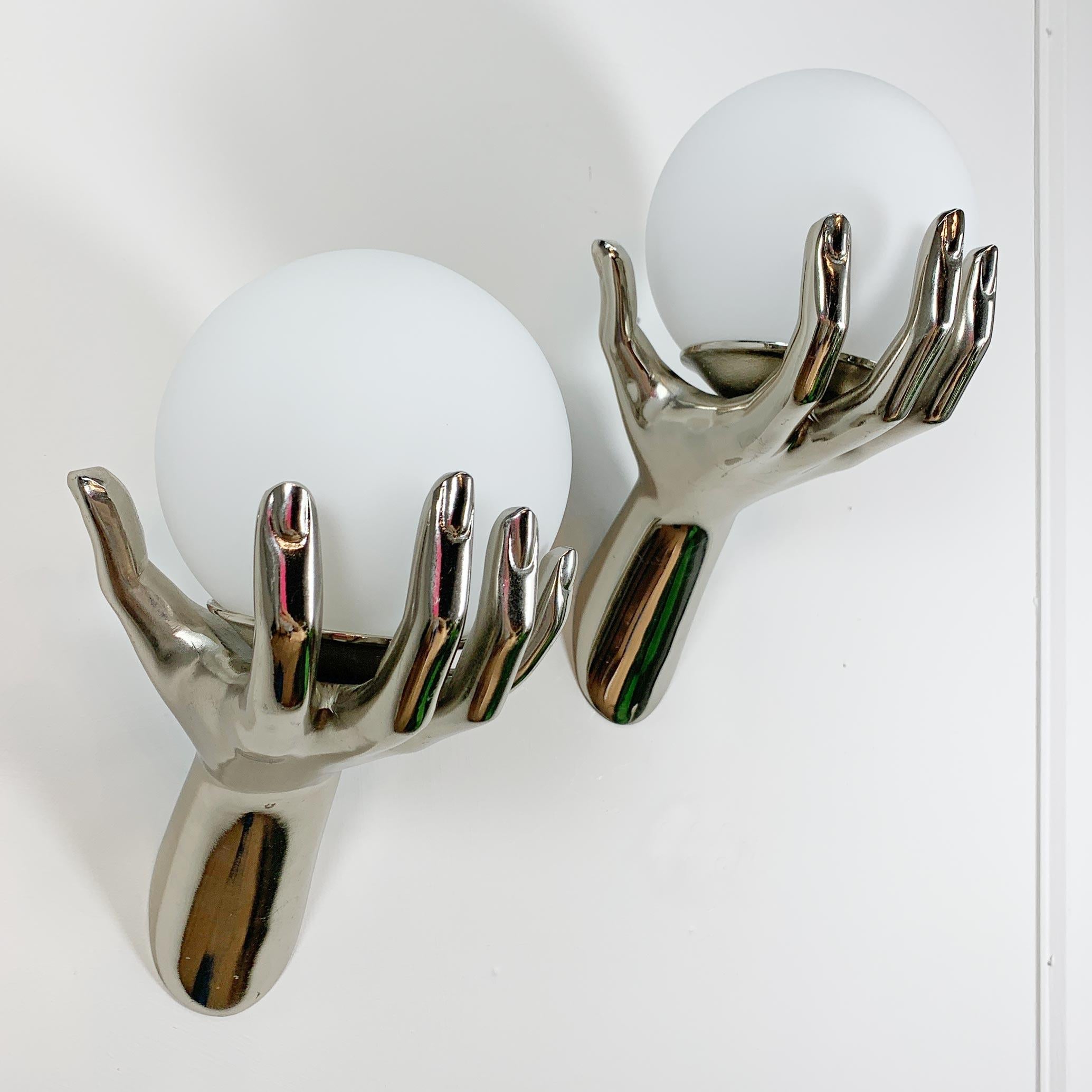 Pair of 1970's Maison Arlus Silver Hand Wall Sconces 4