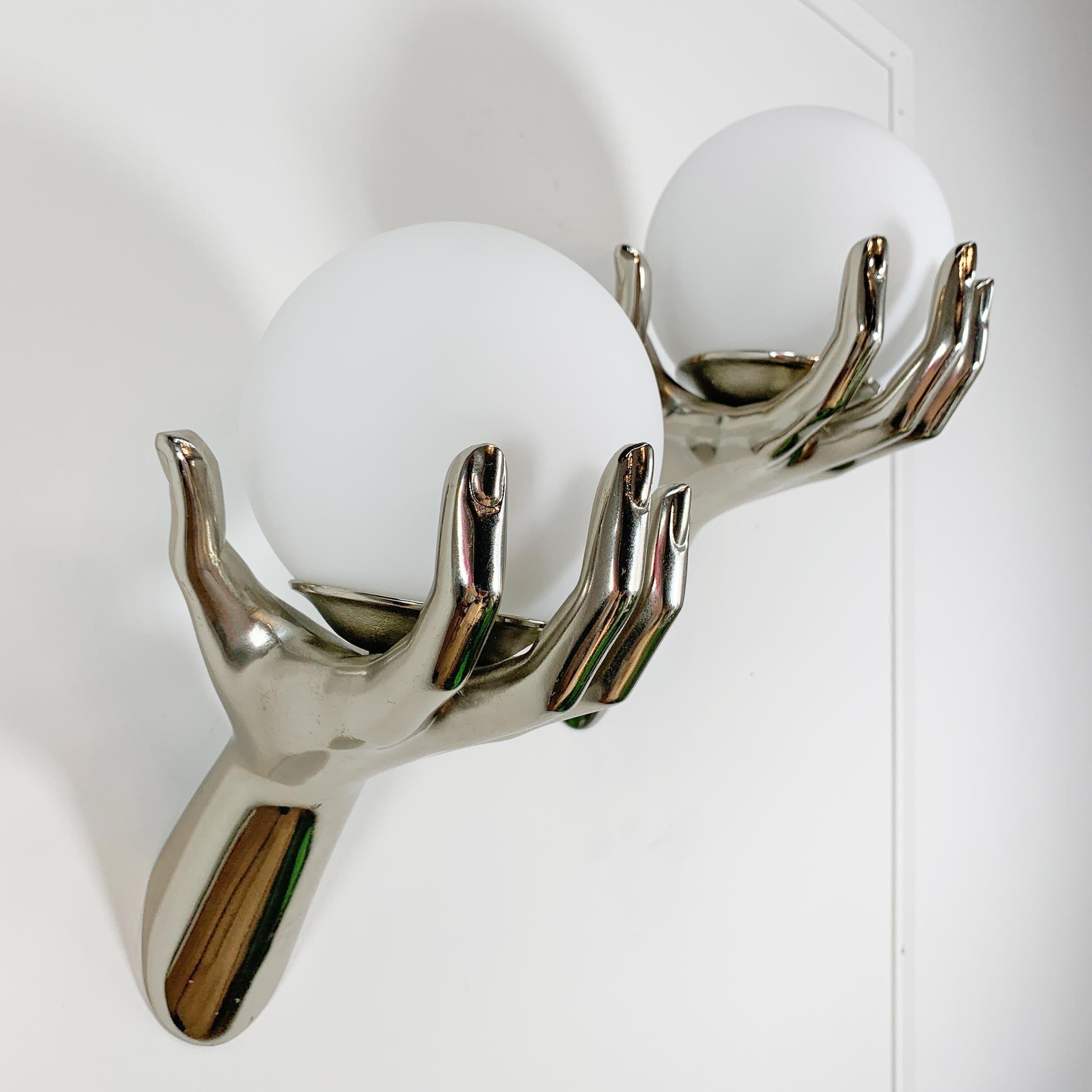 Mid-Century Modern Pair of 1970's Maison Arlus Silver Hand Wall Sconces For Sale