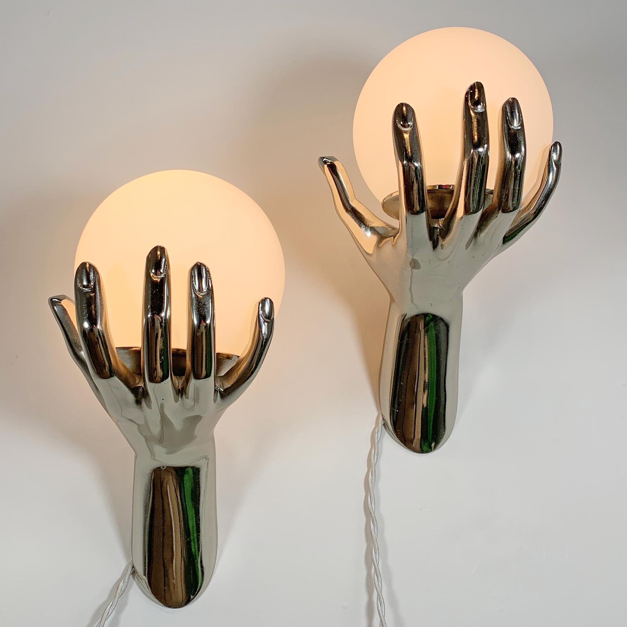 French Pair of 1970's Maison Arlus Silver Hand Wall Sconces For Sale