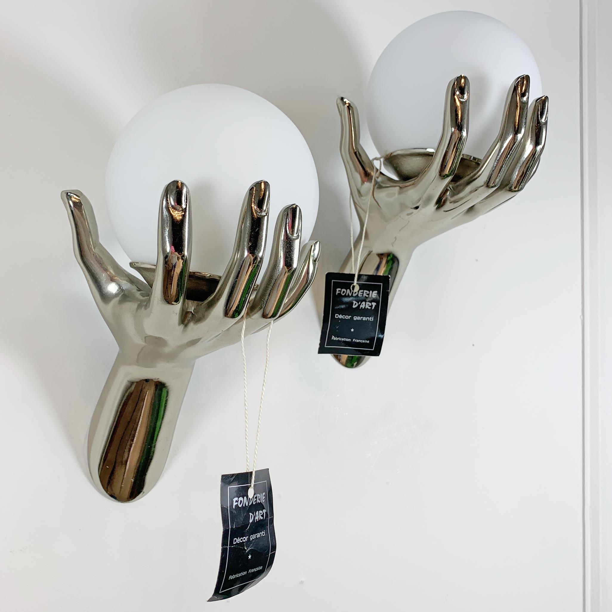 Hand-Crafted Pair of 1970's Maison Arlus Silver Hand Wall Sconces For Sale