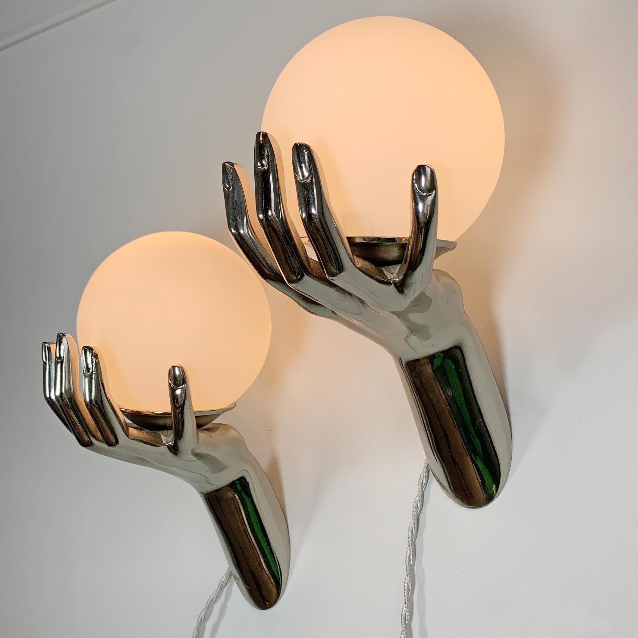 Pair of 1970's Maison Arlus Silver Hand Wall Sconces In Good Condition For Sale In Hastings, GB