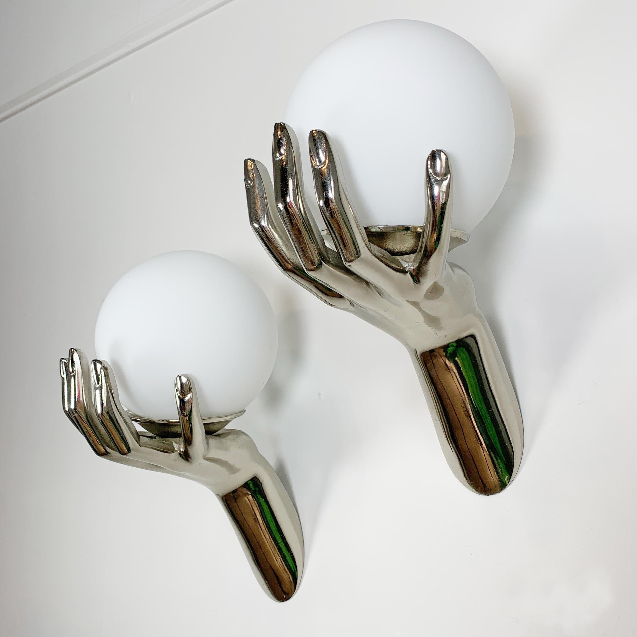 Bronze Pair of 1970's Maison Arlus Silver Hand Wall Sconces For Sale