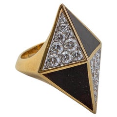 Asprey Platinum and Gold Kite Shaped Ring with Onyx and Diamond