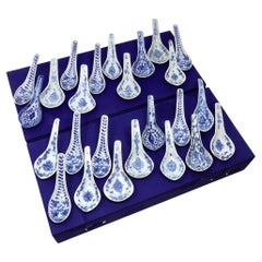 An assembled collection of 25 Antique Chinese blue and white ceramic spoons.