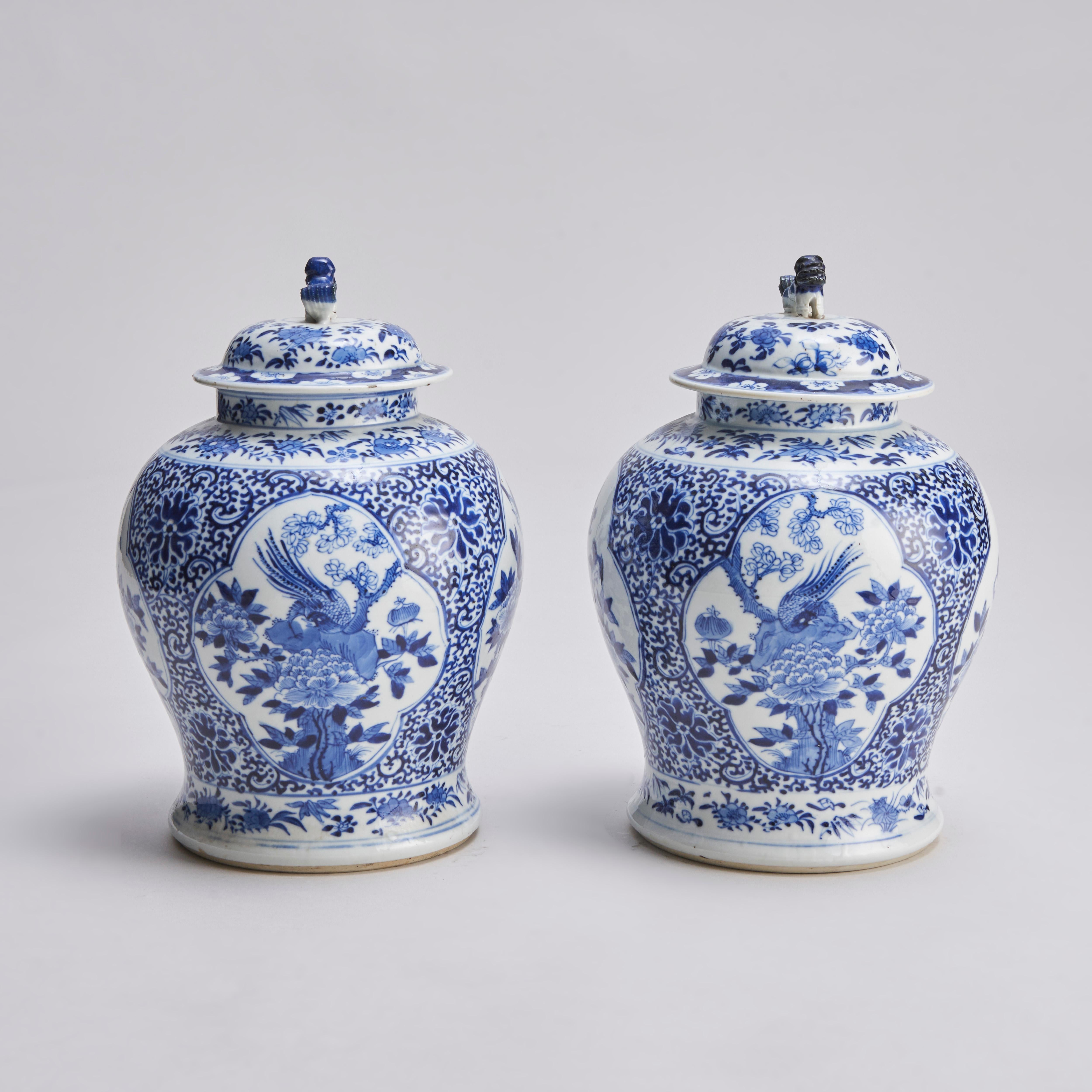 Chinese An attractive 19th Century pair of blue and white covered jars For Sale