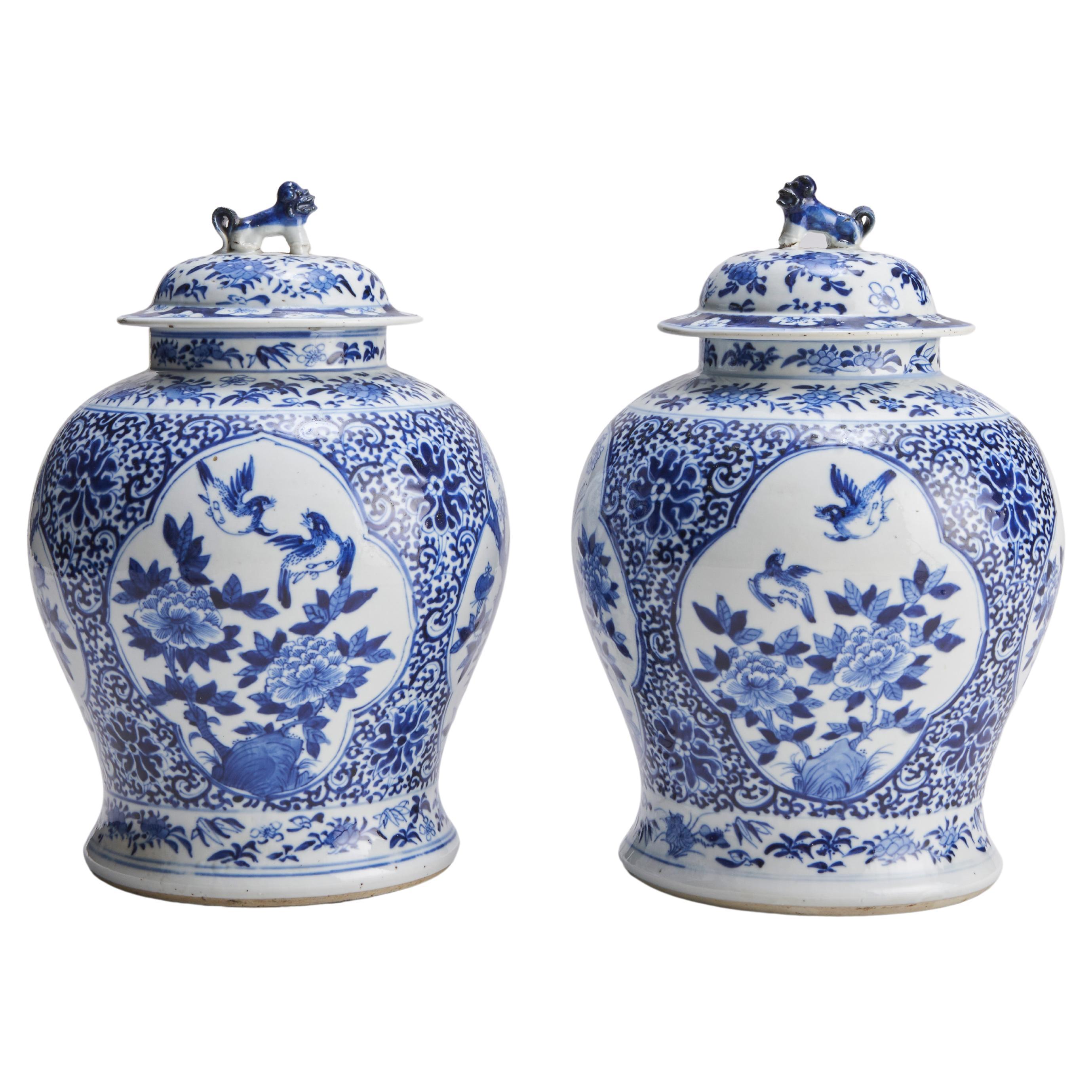 An attractive 19th Century pair of blue and white covered jars