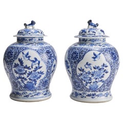 Retro An attractive 19th Century pair of blue and white covered jars