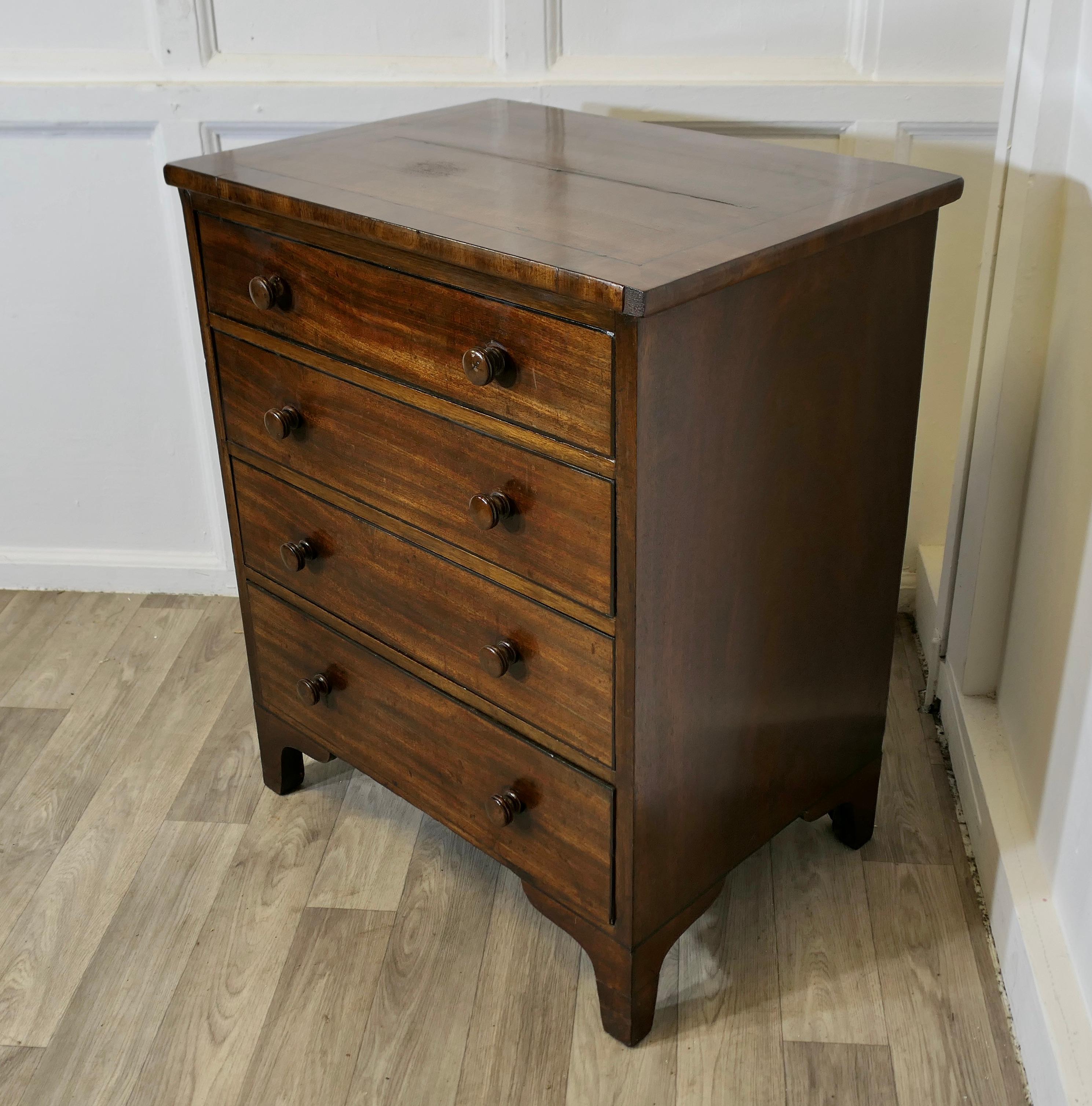  An Attractive Bachelor’s Chest of Drawers

This Attractive Bachelors’ Chest has four long graduated drawers, they have turned wooden knobs.
This is a useful size chest of drawers, it is made with attractive figured veneers and it stands on bracket