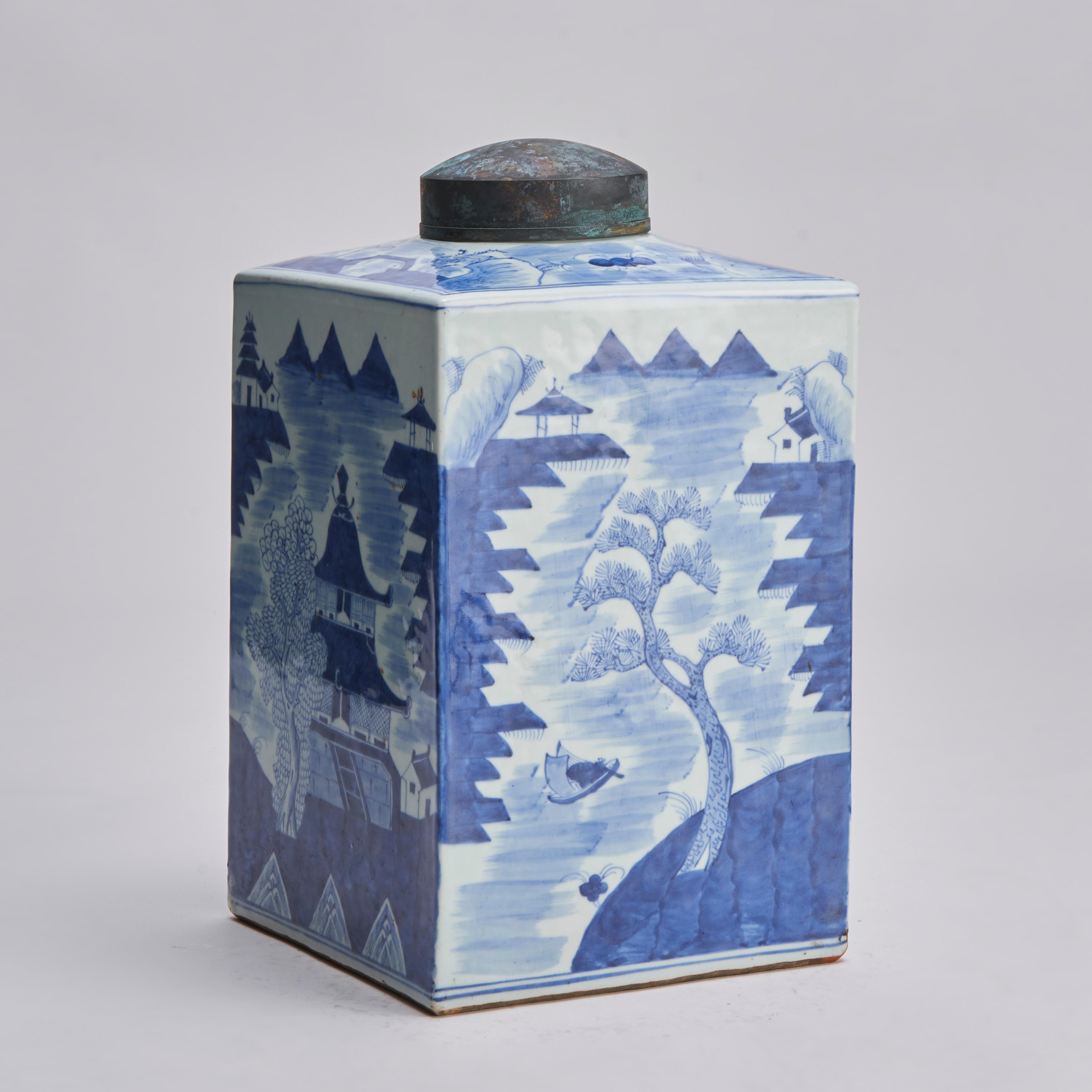 Porcelain An attractive, Chinese porcelain, blue and white, square form tea jar and cover  For Sale