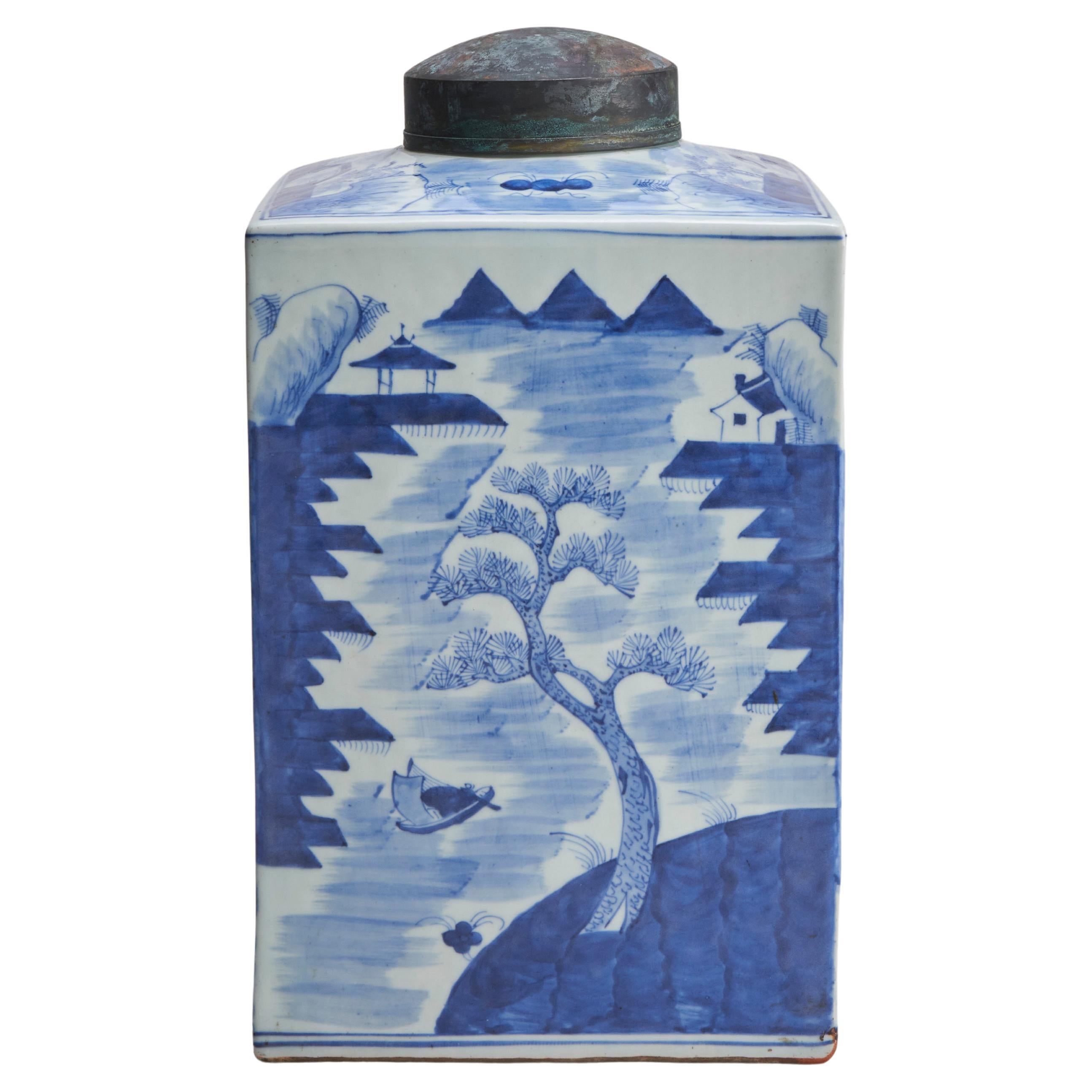 An attractive, Chinese porcelain, blue and white, square form tea jar and cover  For Sale