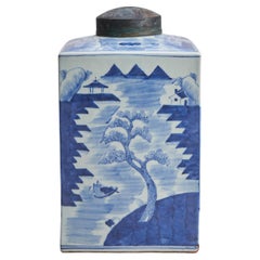 An attractive, Chinese porcelain, blue and white, square form tea jar and cover 