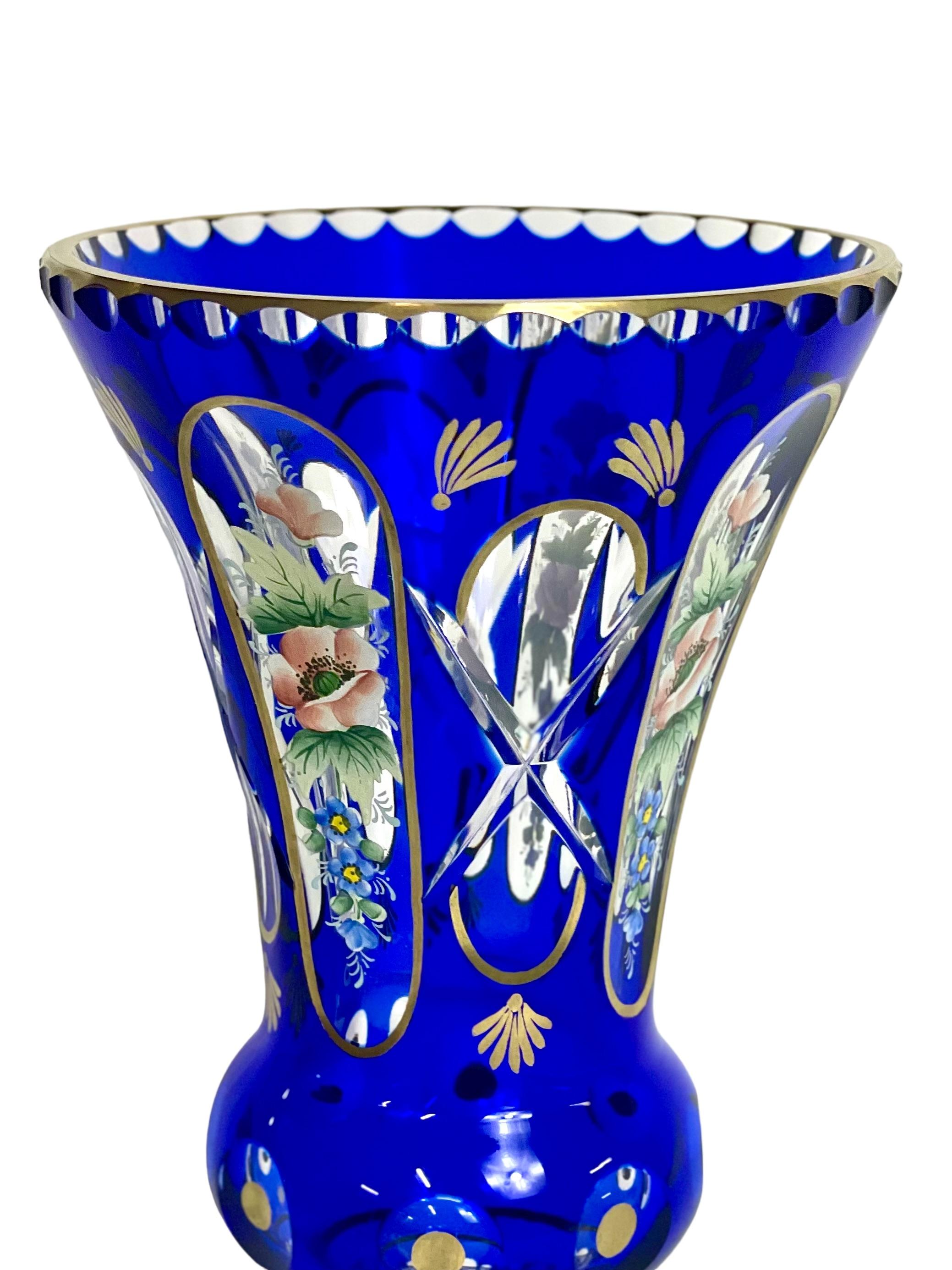 20th Century Vintage French Cobalt-Blue Crystal Overlay Footed Vase For Sale