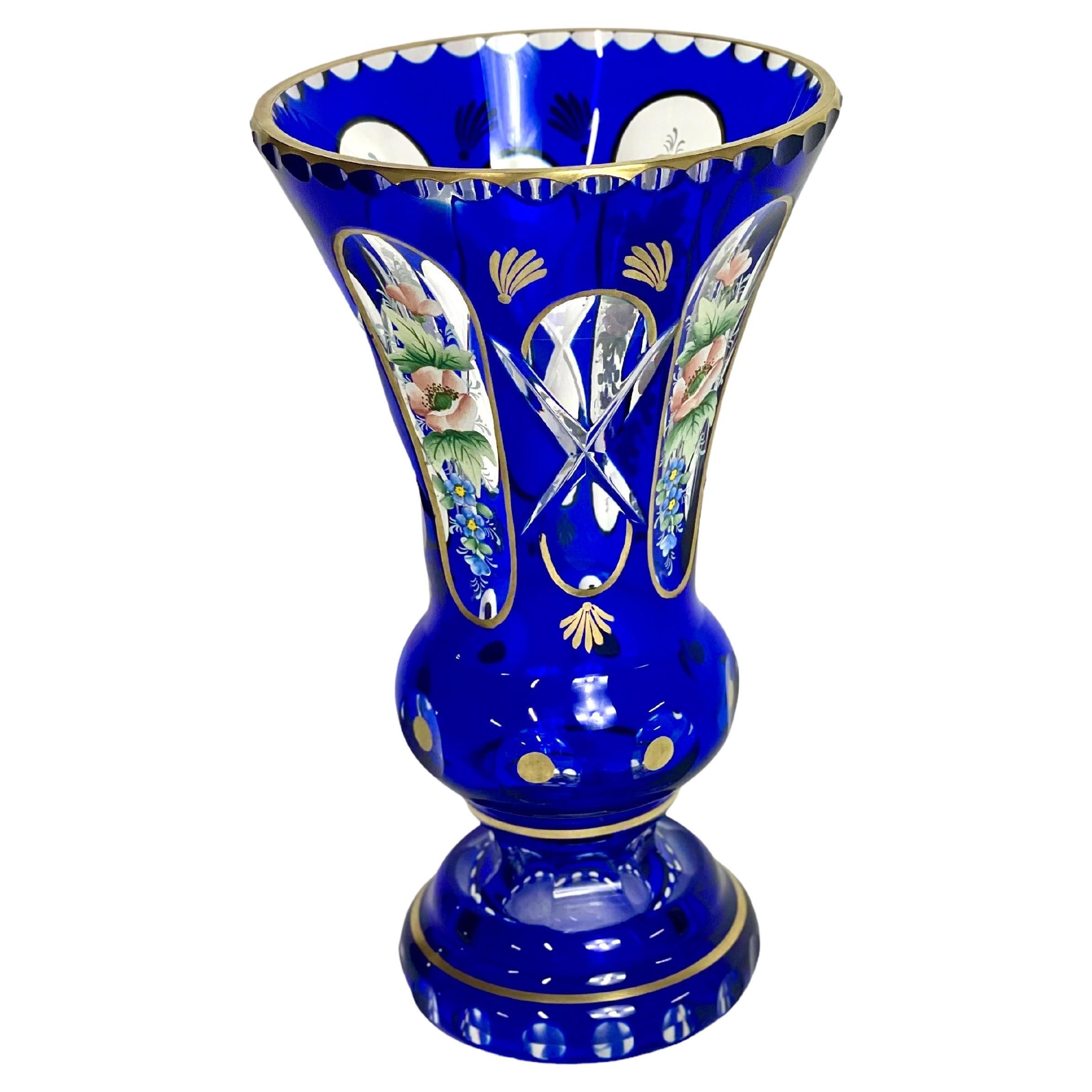 Vintage French Cobalt-Blue Crystal Overlay Footed Vase For Sale