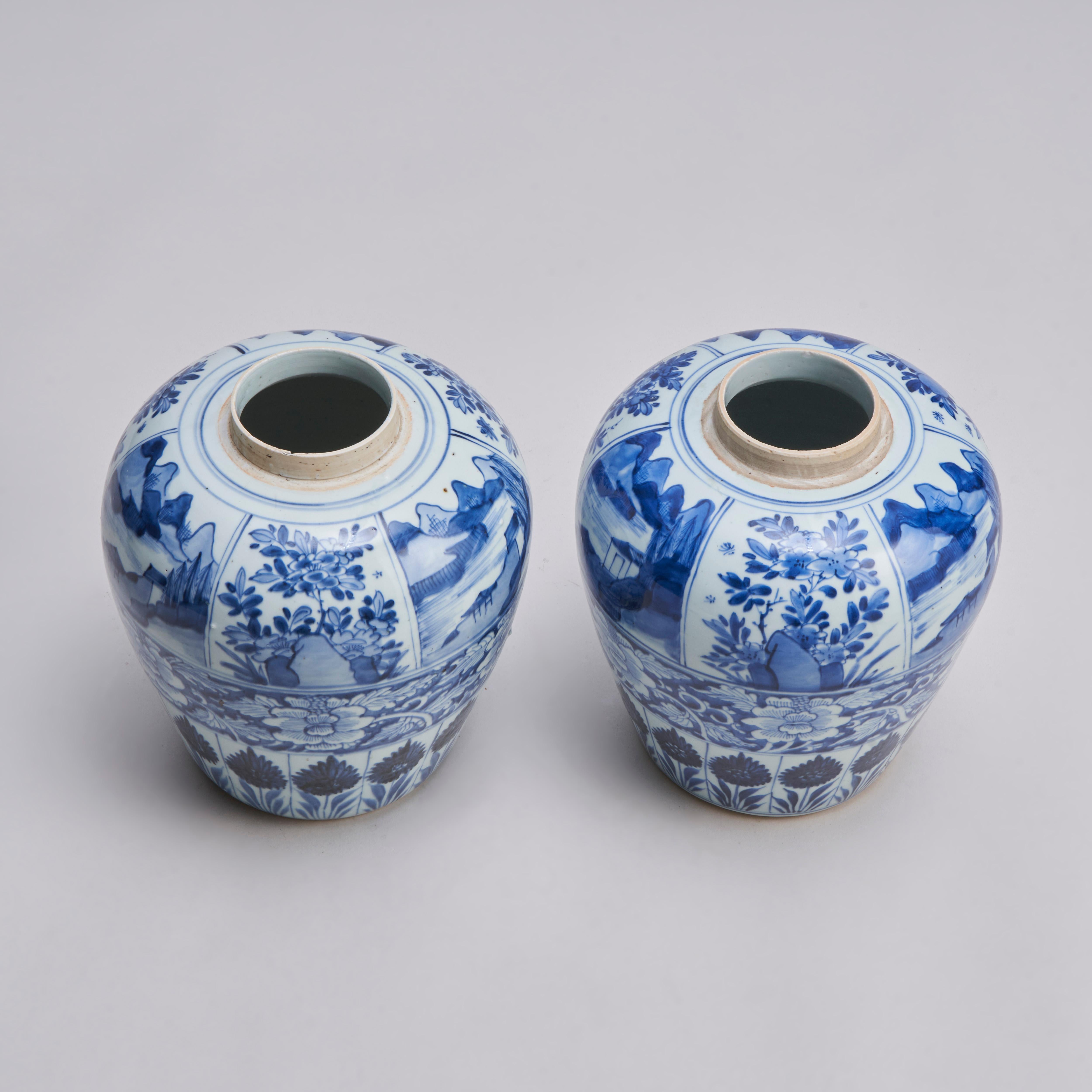 An attractive pair of 18th Century Chinese blue and white ginger jars with decoration of panels of landscapes and flowers. A border of roses and a floral border to the foot.

Contact us for further information, more images or to arrange a viewing.