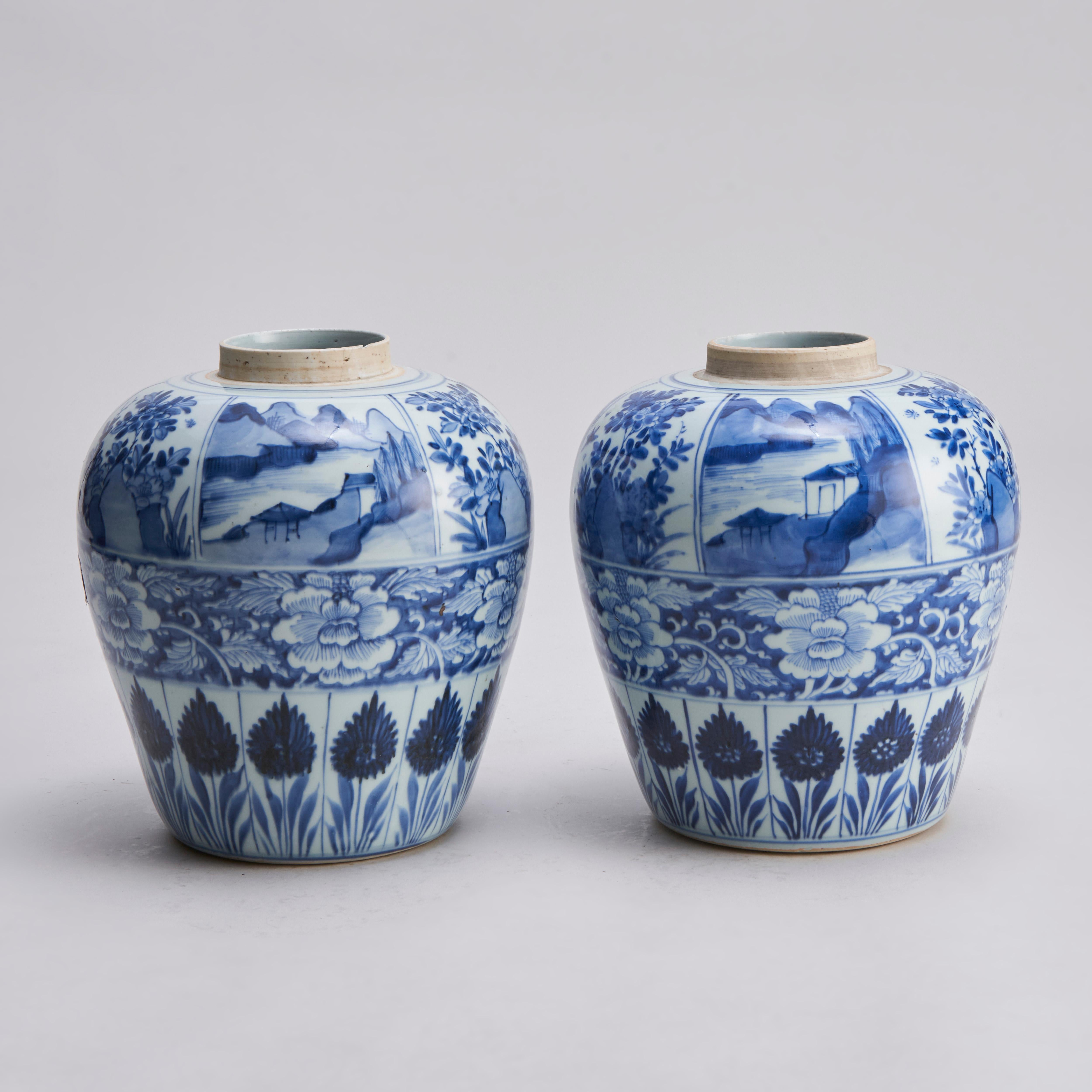 Porcelain An attractive pair of 18th Century (Kang Hsi) blue and white porcelain jars For Sale