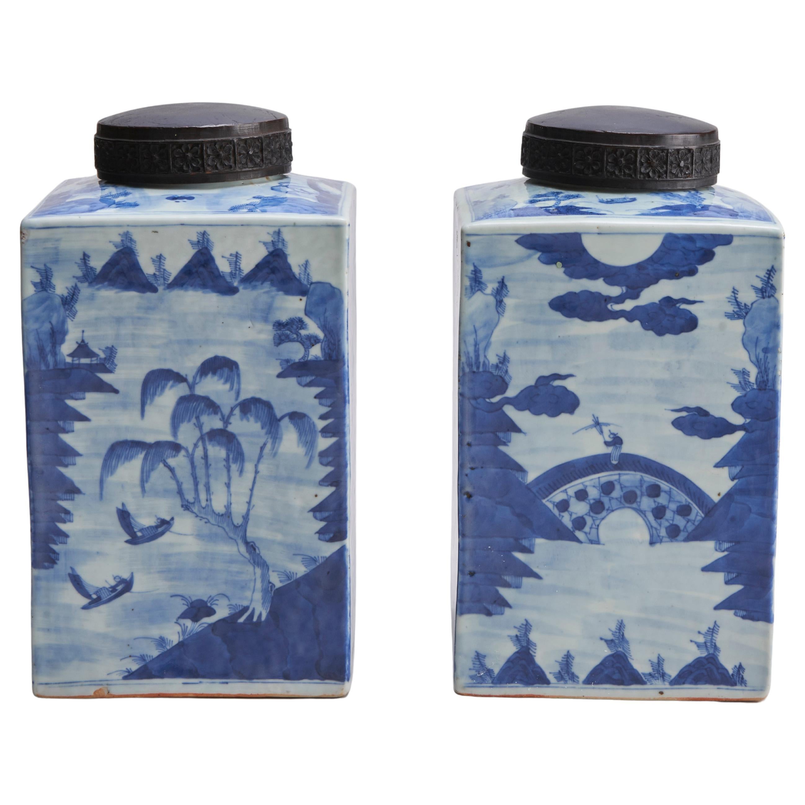 An attractive pair of Chinese porcelain blue and white tea jars (Circa 1800) For Sale