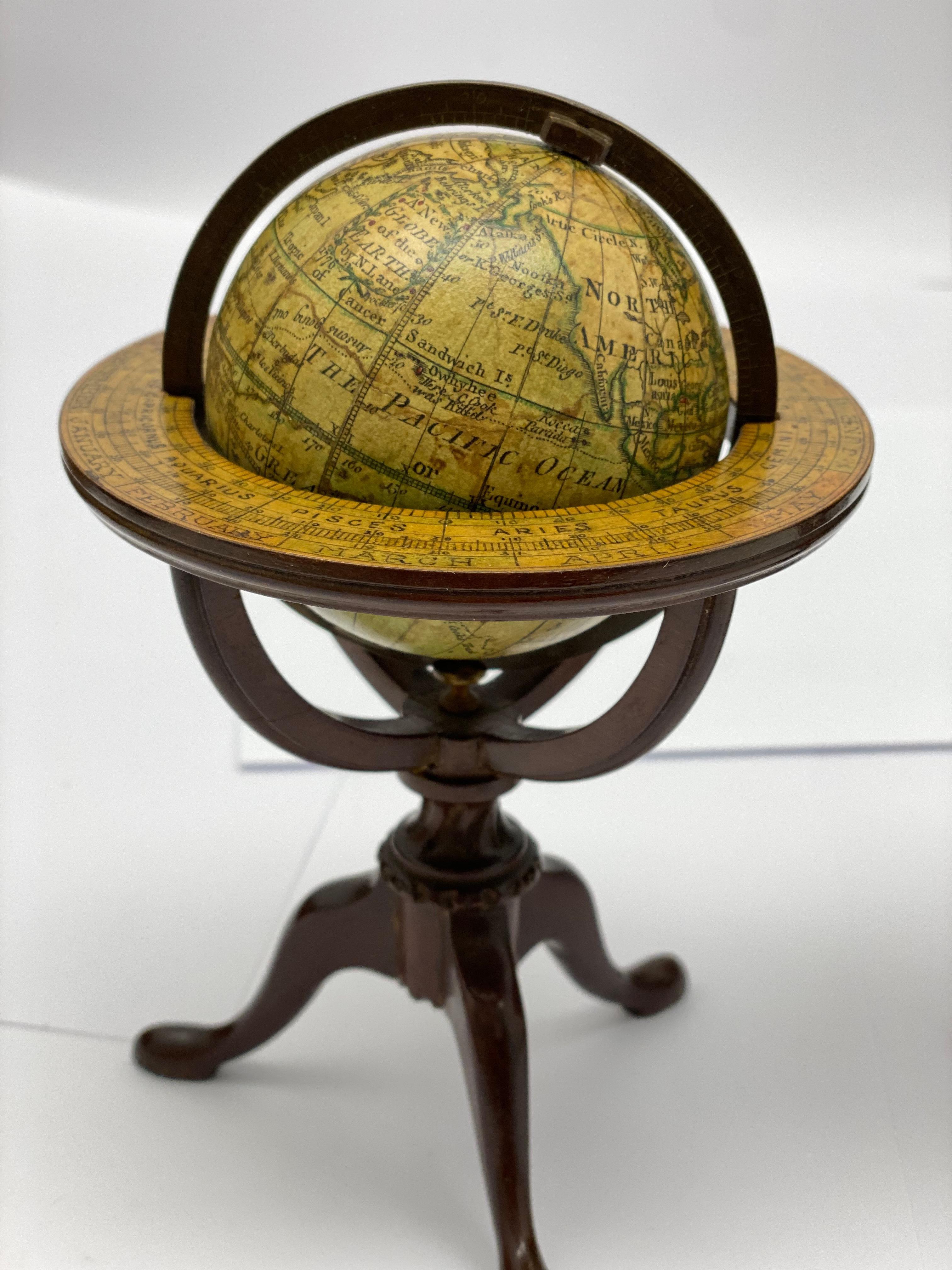 (GLOBES.) Nicholas Lane. A New Globe of the Earth [and] [Untitled Celestial Globe]. Pair of 2 3/4-inch miniature desk globes, each comprised of 12 hand-colored engraved gores on plaster spheres mounted to nineteenth-century calibrated brass meridian