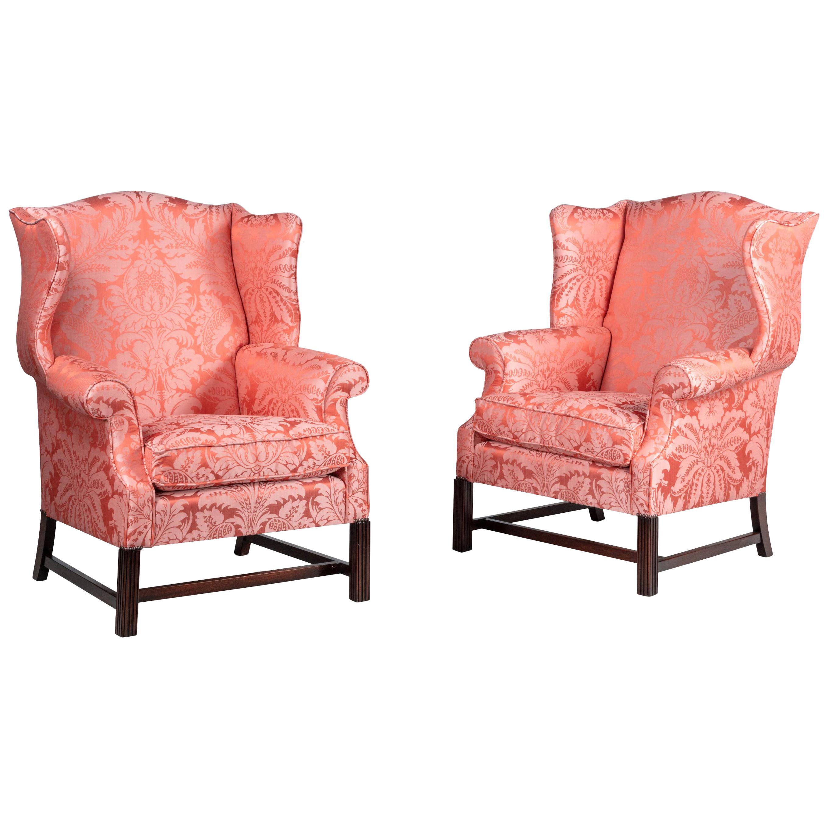 Attractive Pair of Modern Mahogany Framed Wing Chairs