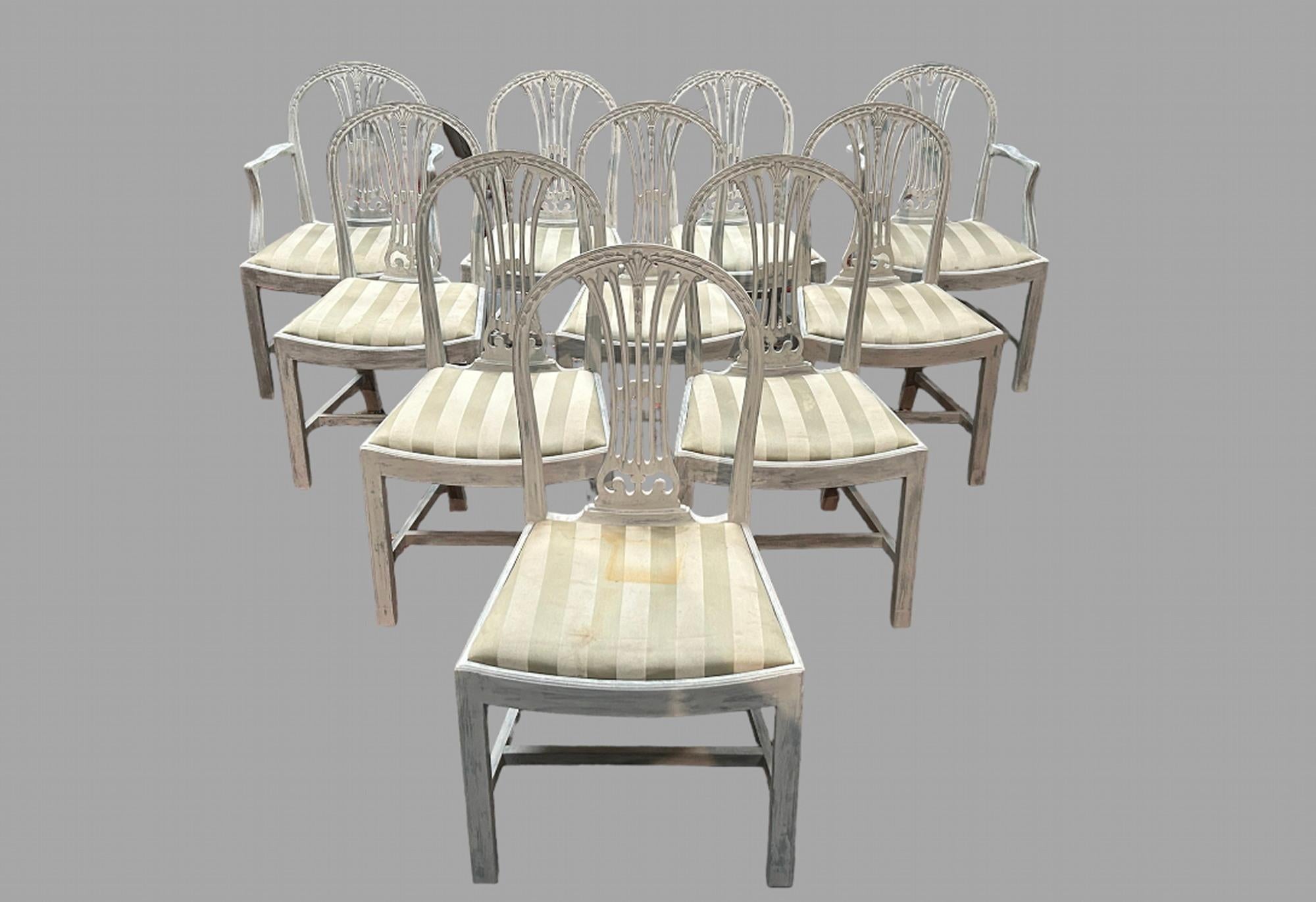 A Set of Ten Painted Mahogany Dining Chairs (8 + 2 Carvers) all in very solid order in Hepplewhite manner c1950, the pop out seats have staining and would benefit from new material to your taste, easier with pop out seats, the back and Slats have