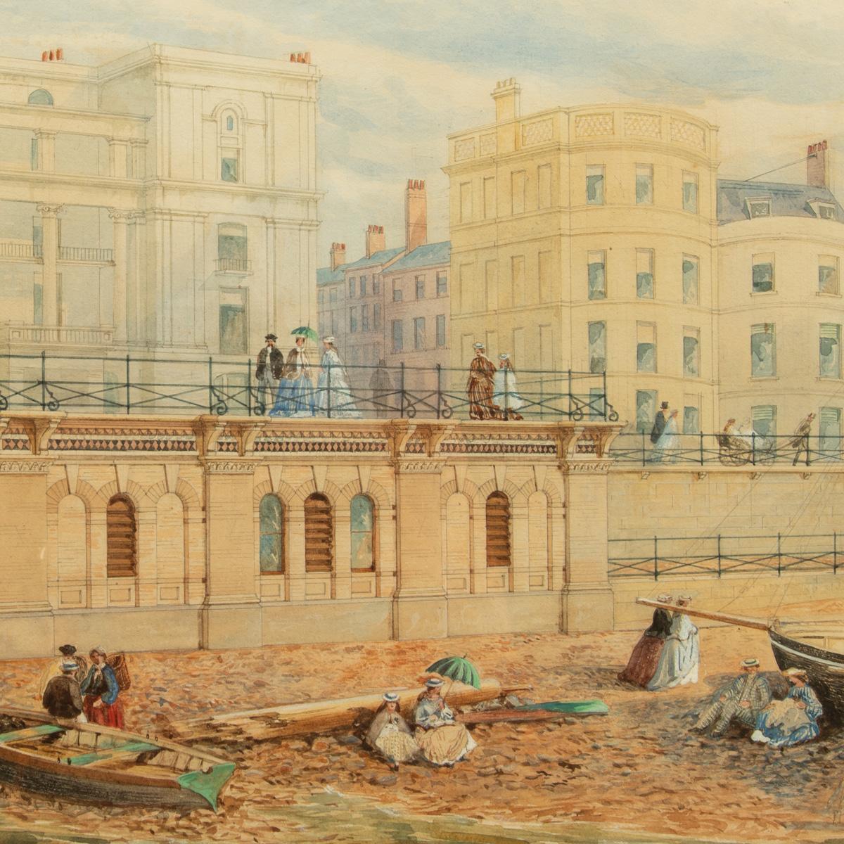 An attractive watercolour painting of Brighton’s RNLI life boat house by its architect, C.H. Cooke, the sturdy rectangular building sited below the promenade with the bows of a life boat emerging from one end, with ladies in crinolines with