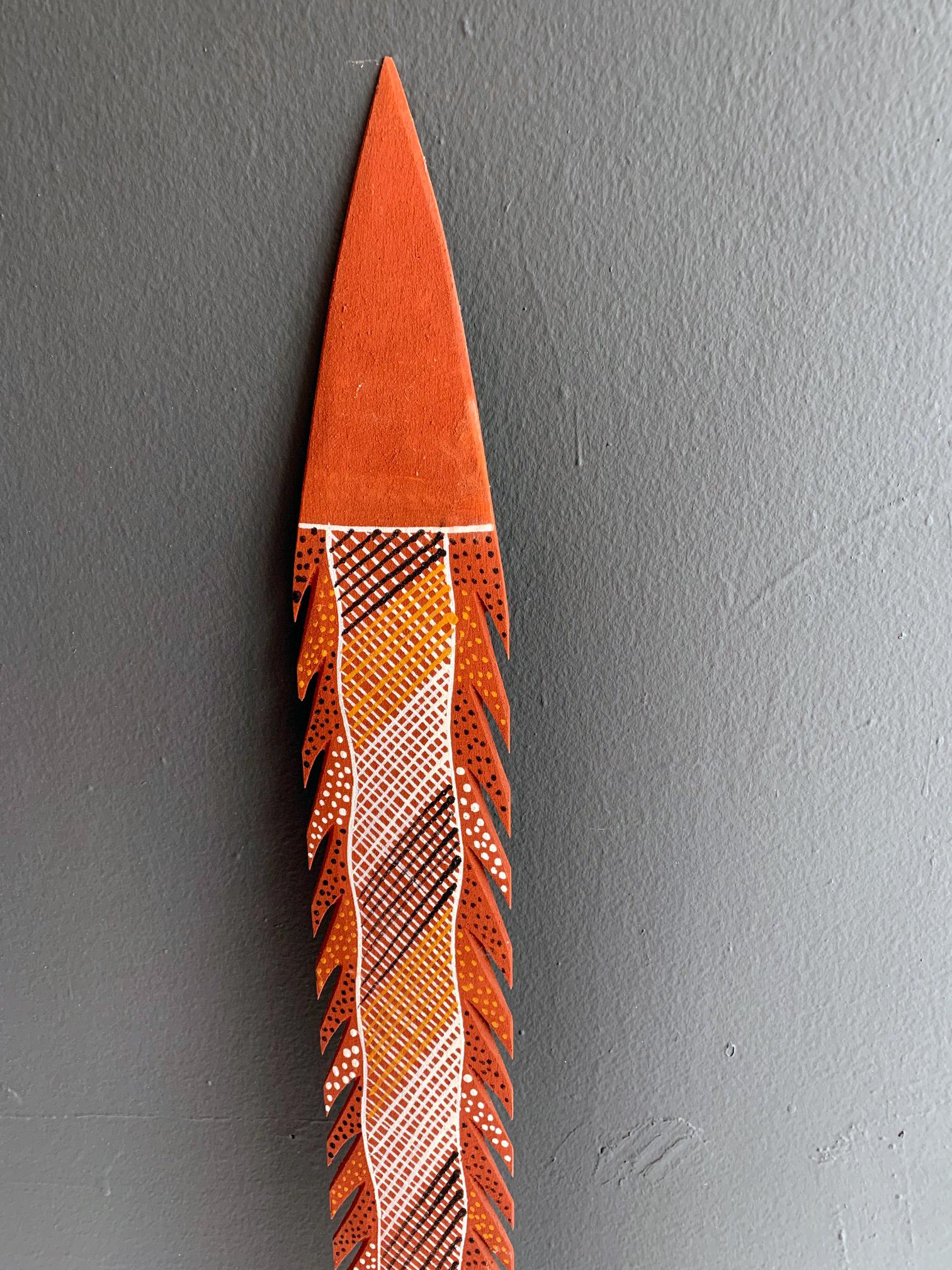 Title: A ceremonial spear with clan design paint
Artist: Patrick Freddy Puruntatameri
DOB: 19/04/1973
Medium: Ocher paint on ironwood carving
DOC: 2006
Provenance: COA from Jilamara Arts and Crafts, Melville Island.