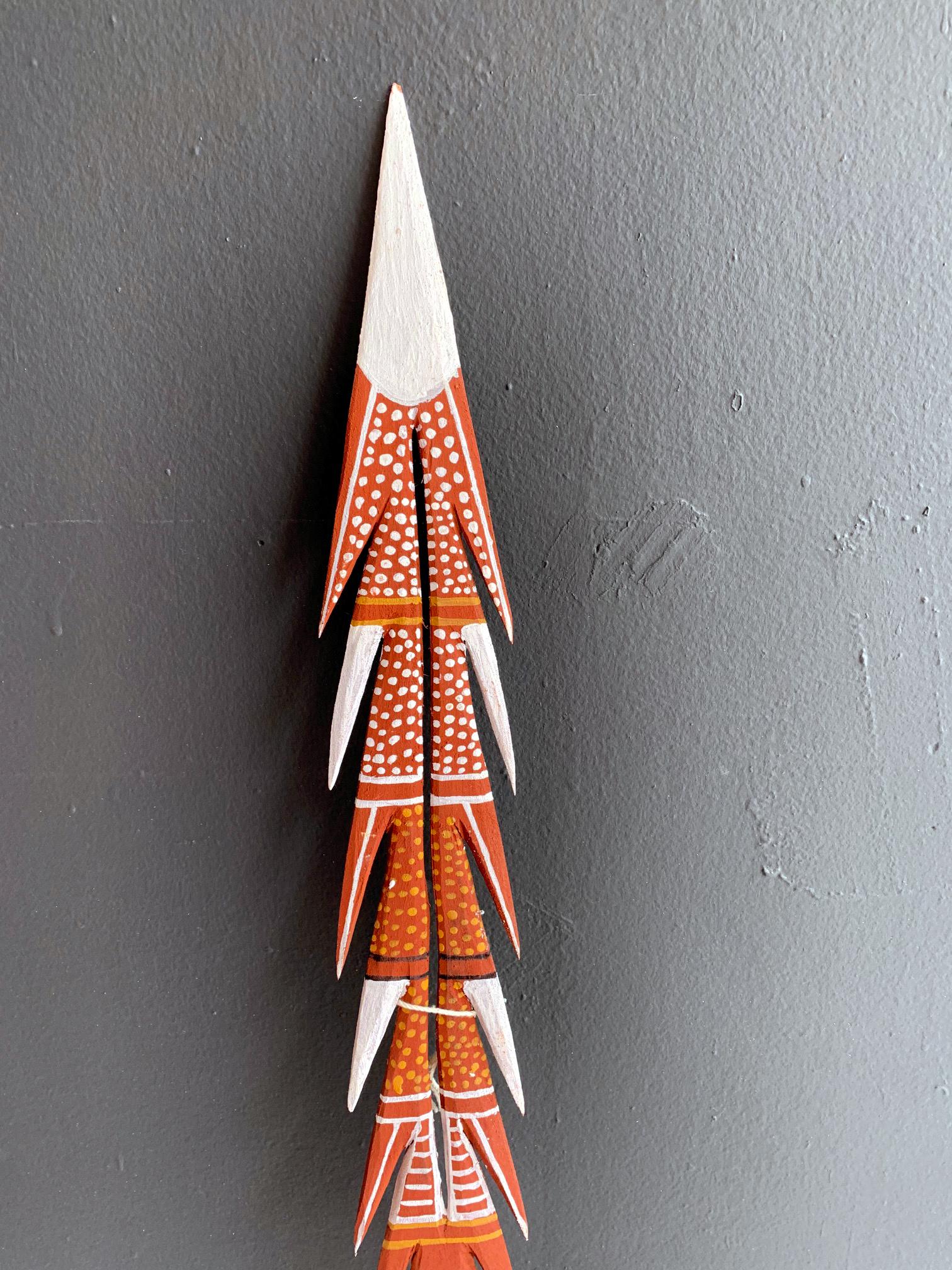 Title: A ceremonial spear with clan design paint
Artist: John Martin Tipungwuti
DOB: 18/01/1969
Medium: Ocher paint on wood carvin
DOC: 2006
Provenance: COA from Jilamara Arts and Crafts, Melville Island.