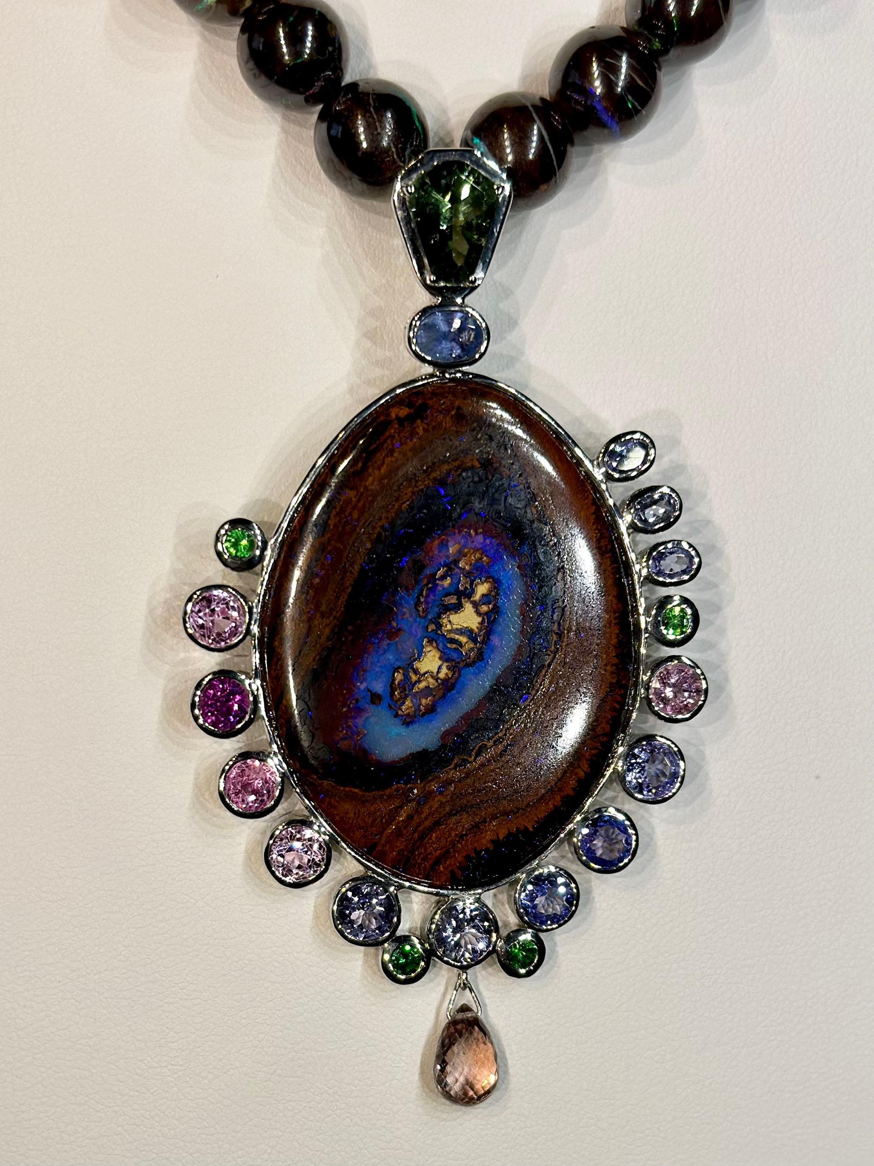 An Australian Boulder Opal Necklace & Pendant set with Tourmaline, Tanzanite For Sale 9