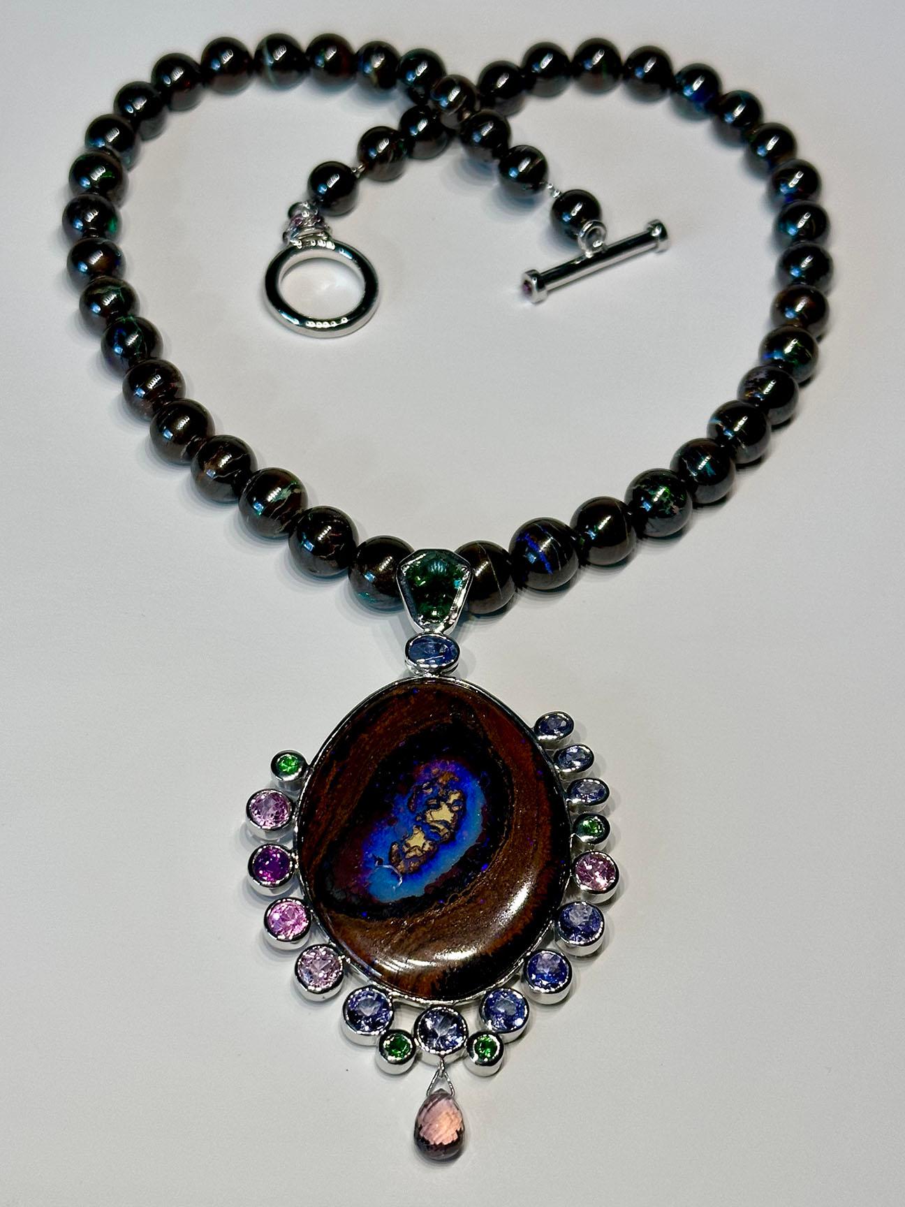 Artisan An Australian Boulder Opal Necklace & Pendant set with Tourmaline, Tanzanite For Sale