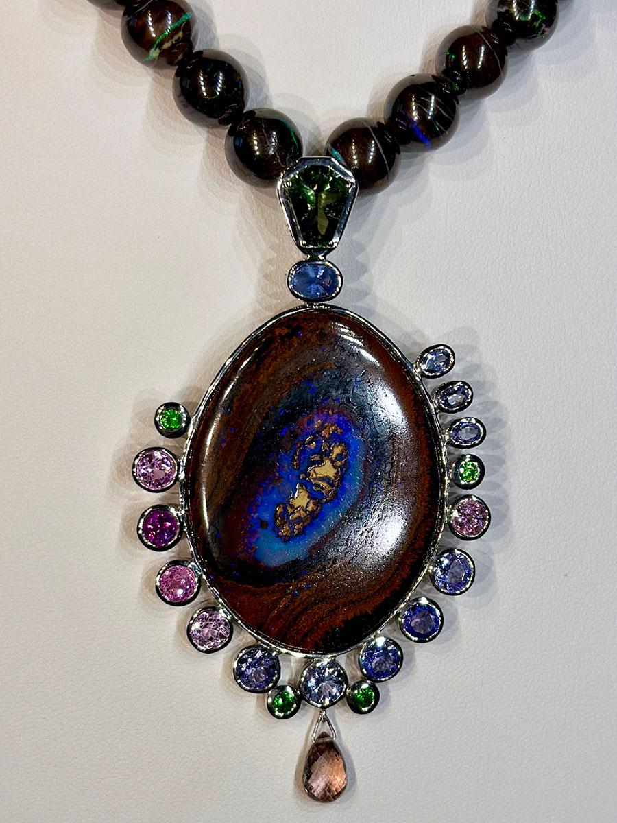 Cabochon An Australian Boulder Opal Necklace & Pendant set with Tourmaline, Tanzanite For Sale