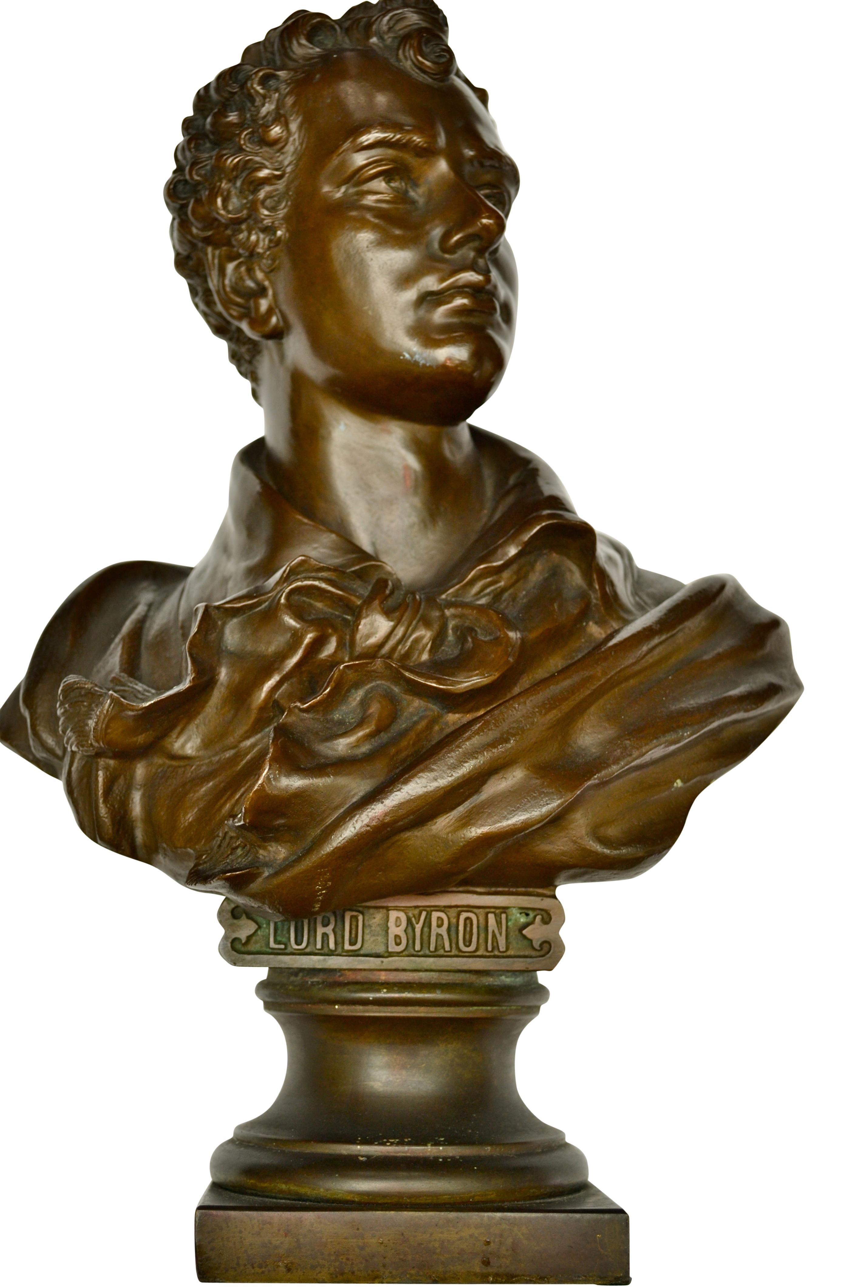 A finely cast late 19th century bronze bust of Lord Byron signed Hans Fromm on the shoulder. No information could be found on the sculptor which suggests that he may have had a very short career and his work is rare. Neither is there a foundry mark