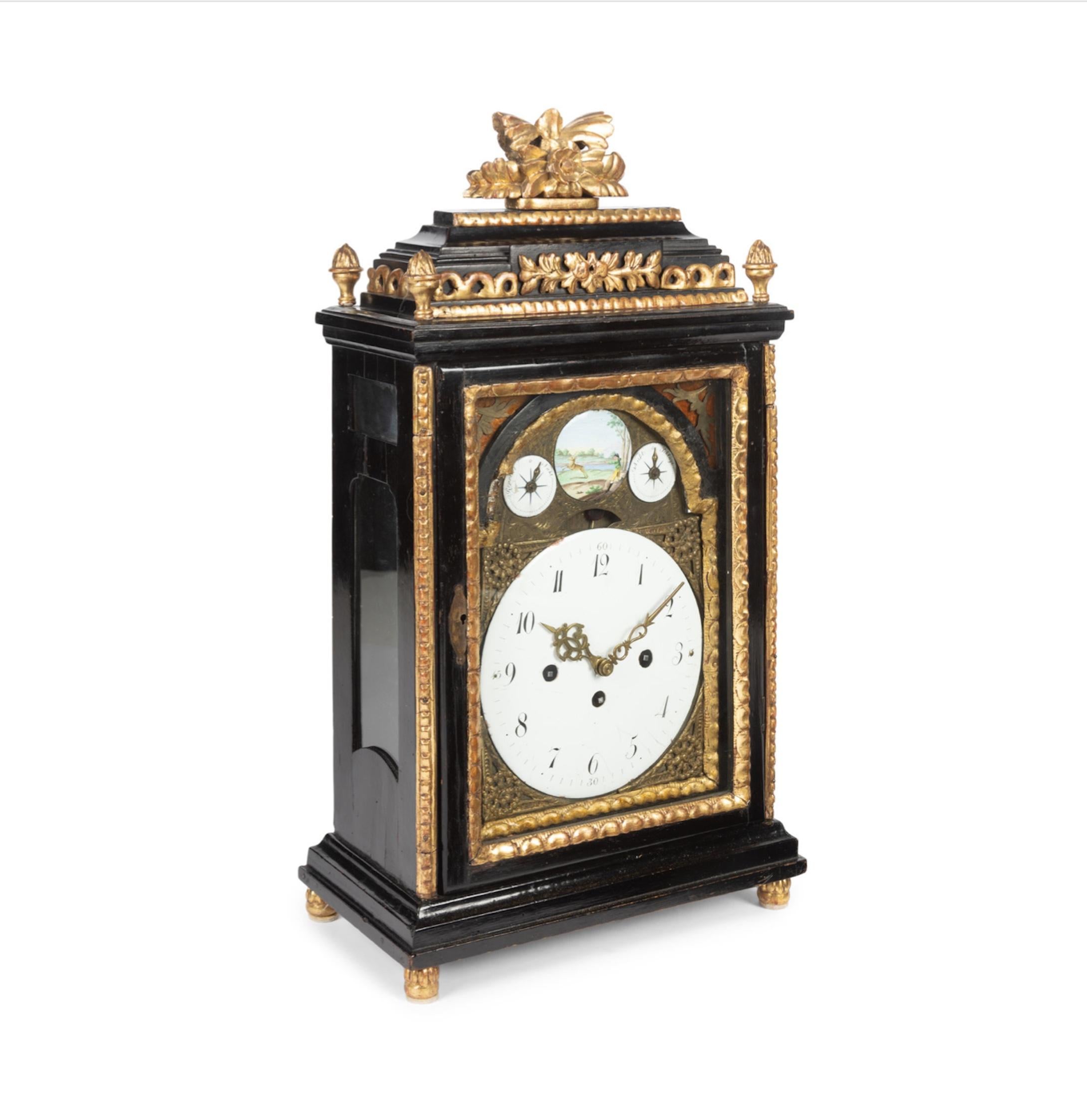 An Austrian Ebonized and Parcel Gilt Bracket Clock 
Late 18th/Early 19th Century
Height 21 x width 11 x depth 5 1/2 inches.
Property from the Collection of Marguerite Hark, Chicago, Illinois and Surfside, Florida
