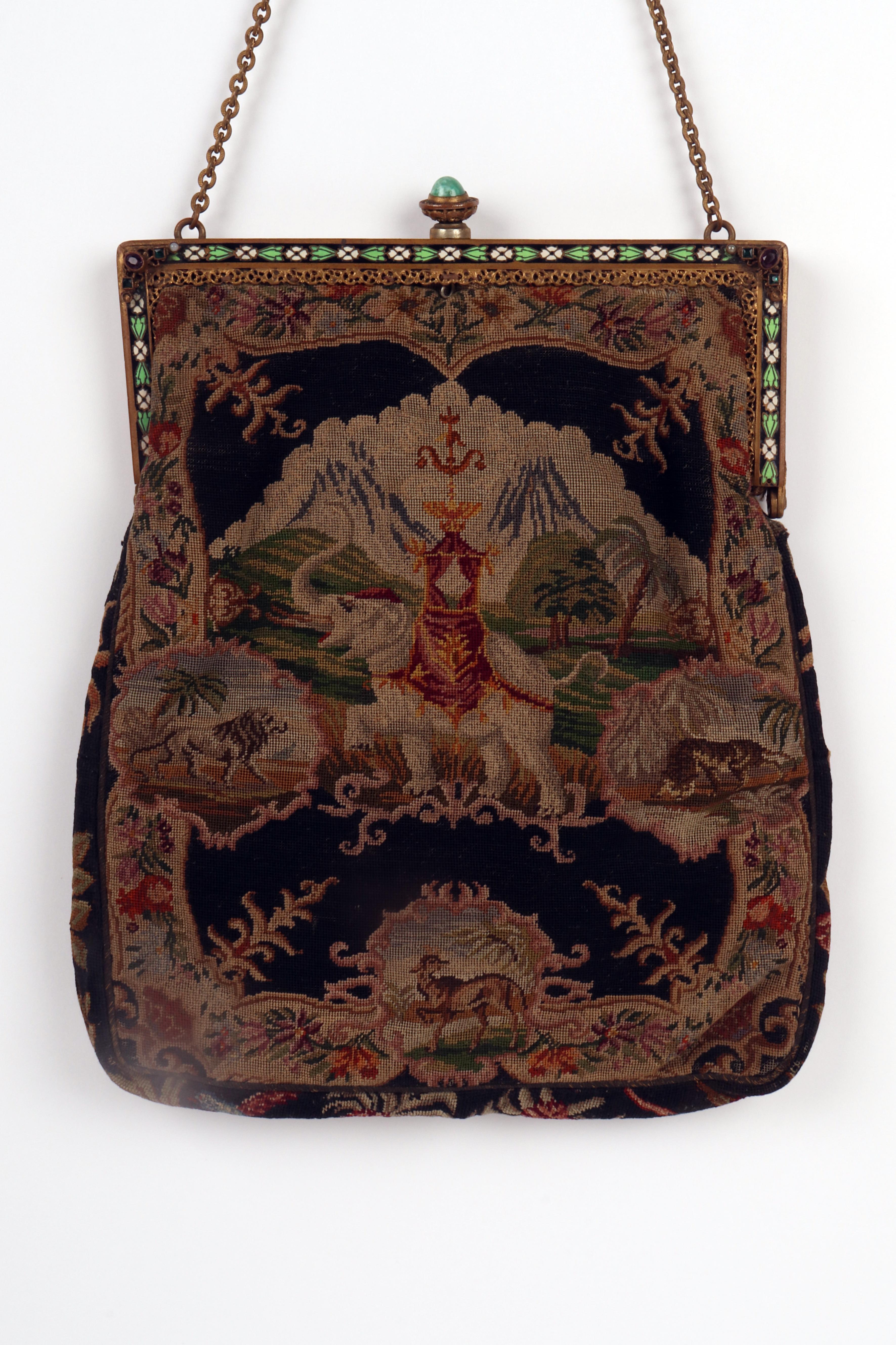 An Austrian handbag decorated with petit point embroidery. Austria, 1900.  For Sale 2
