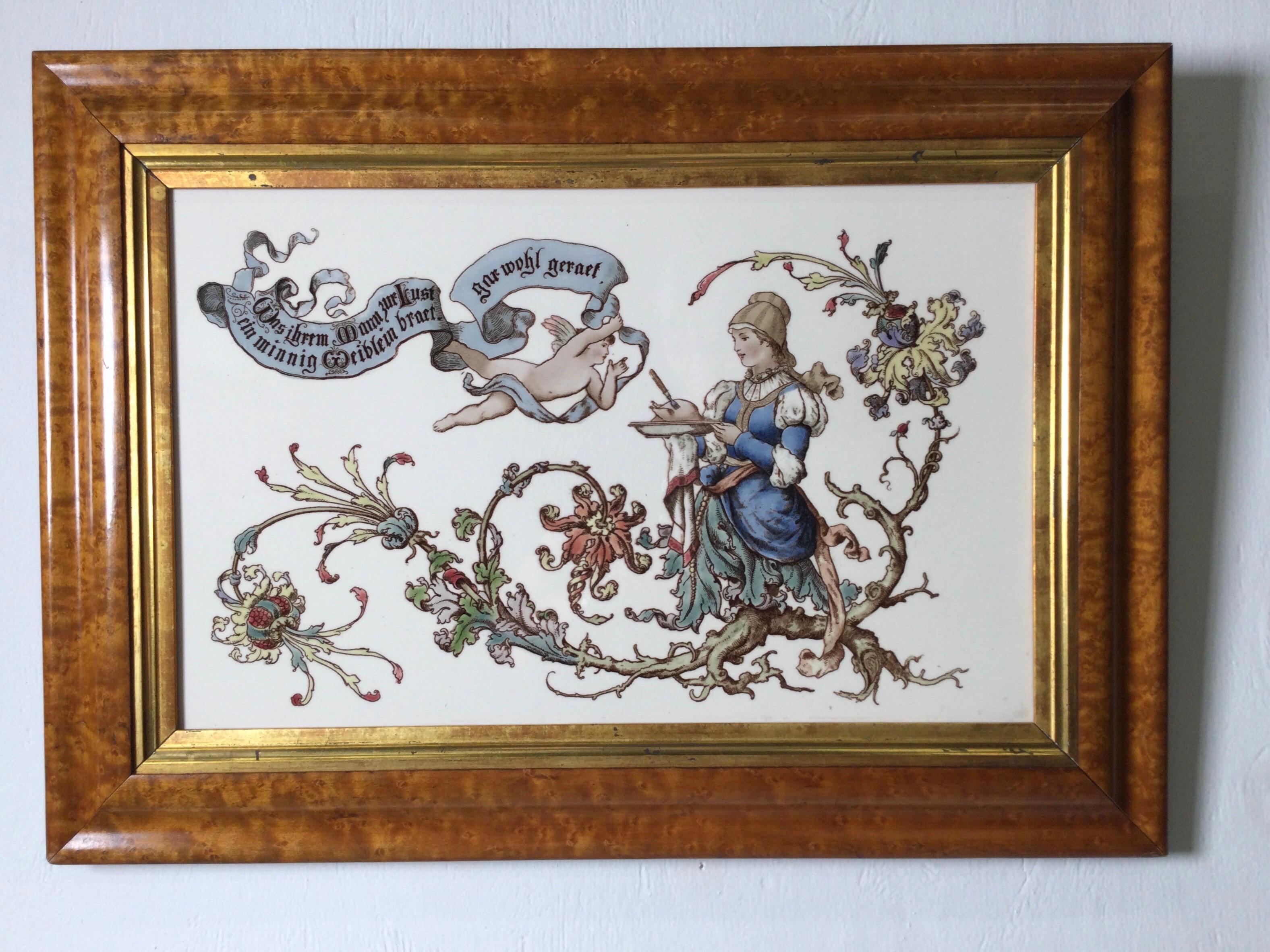 Art Nouveau Austrian Painting on Porcelain Tile in Curly Maple Frame For Sale