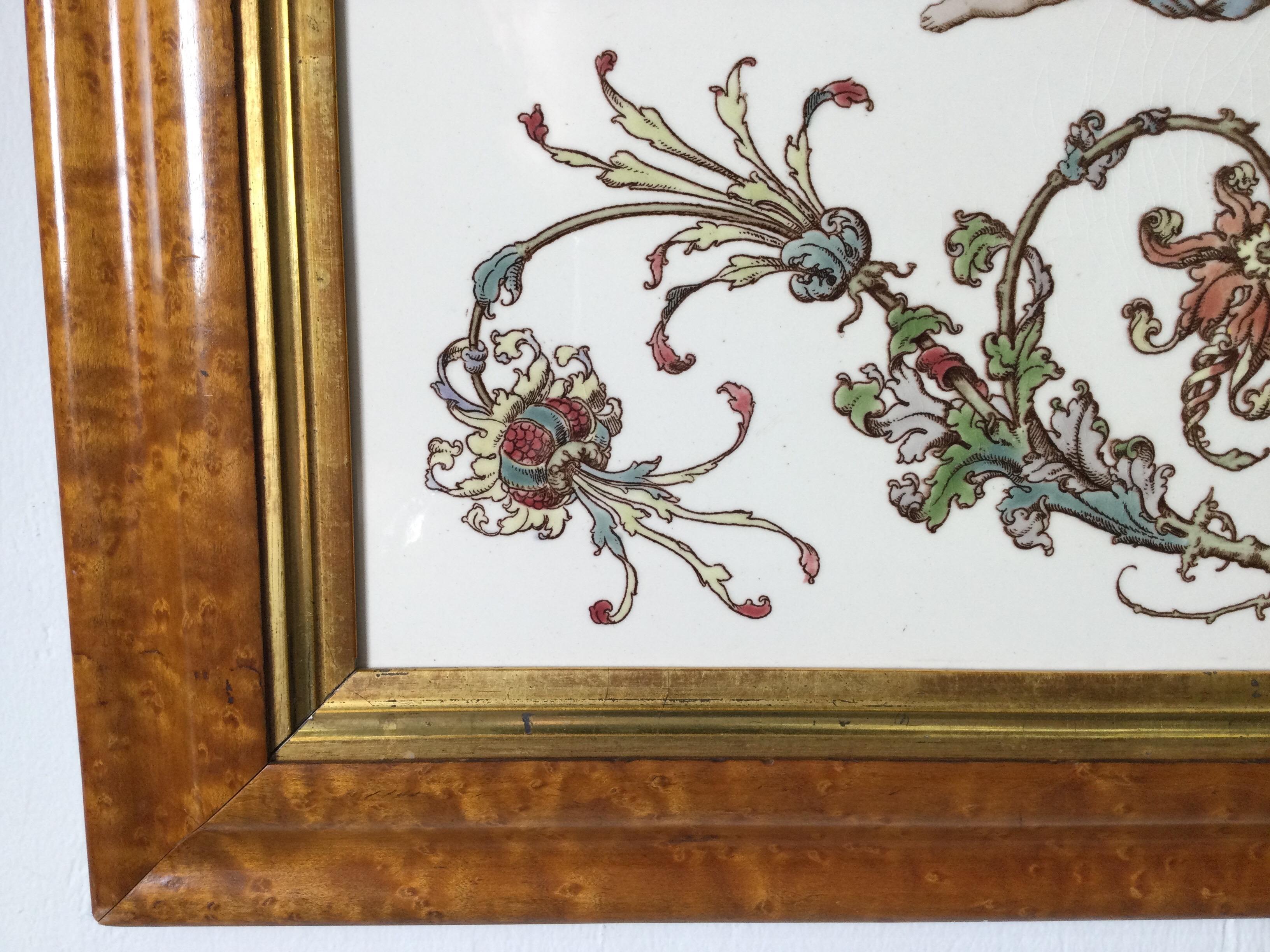 Late 19th Century Austrian Painting on Porcelain Tile in Curly Maple Frame For Sale