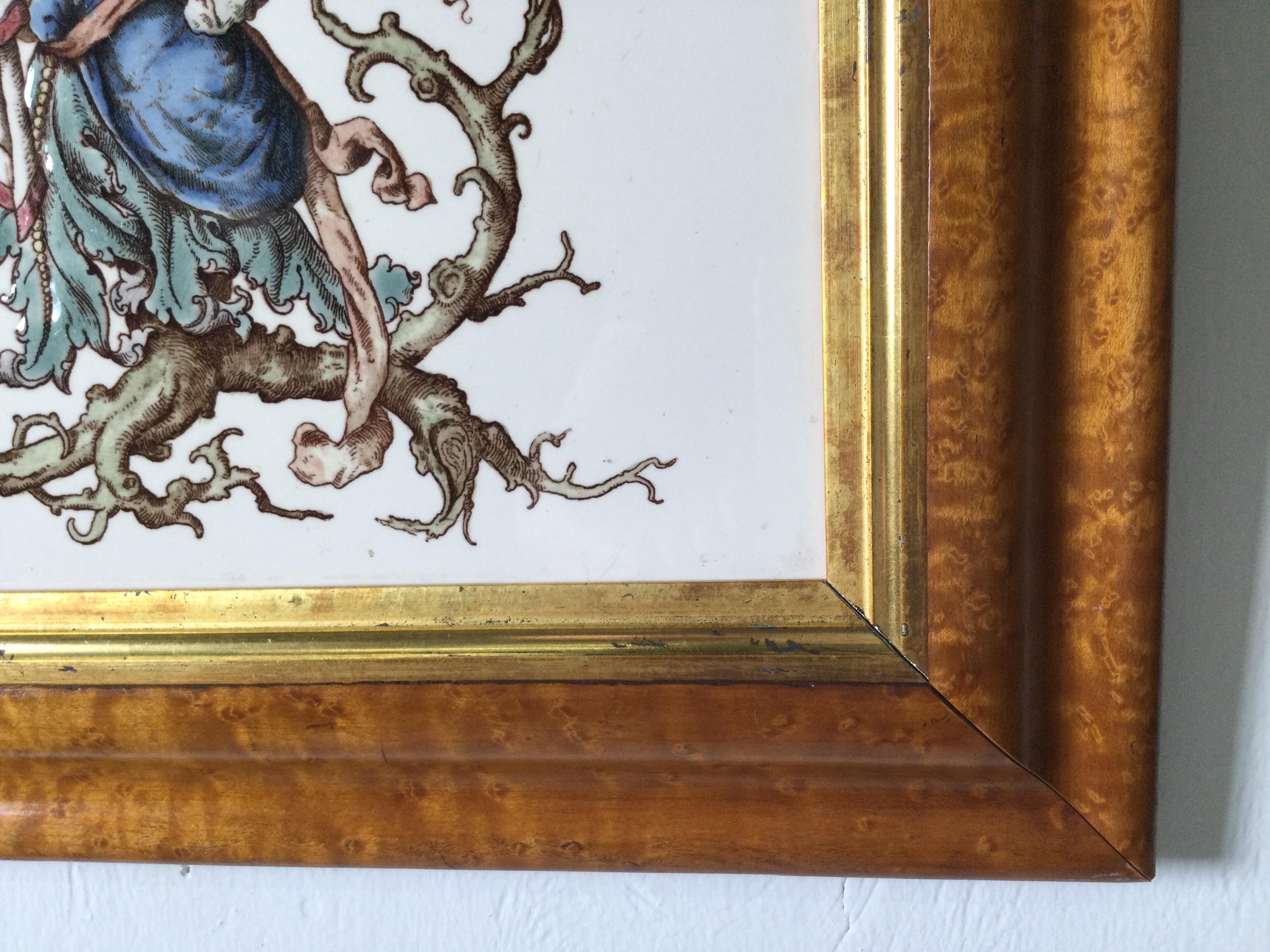 Austrian Painting on Porcelain Tile in Curly Maple Frame For Sale 1