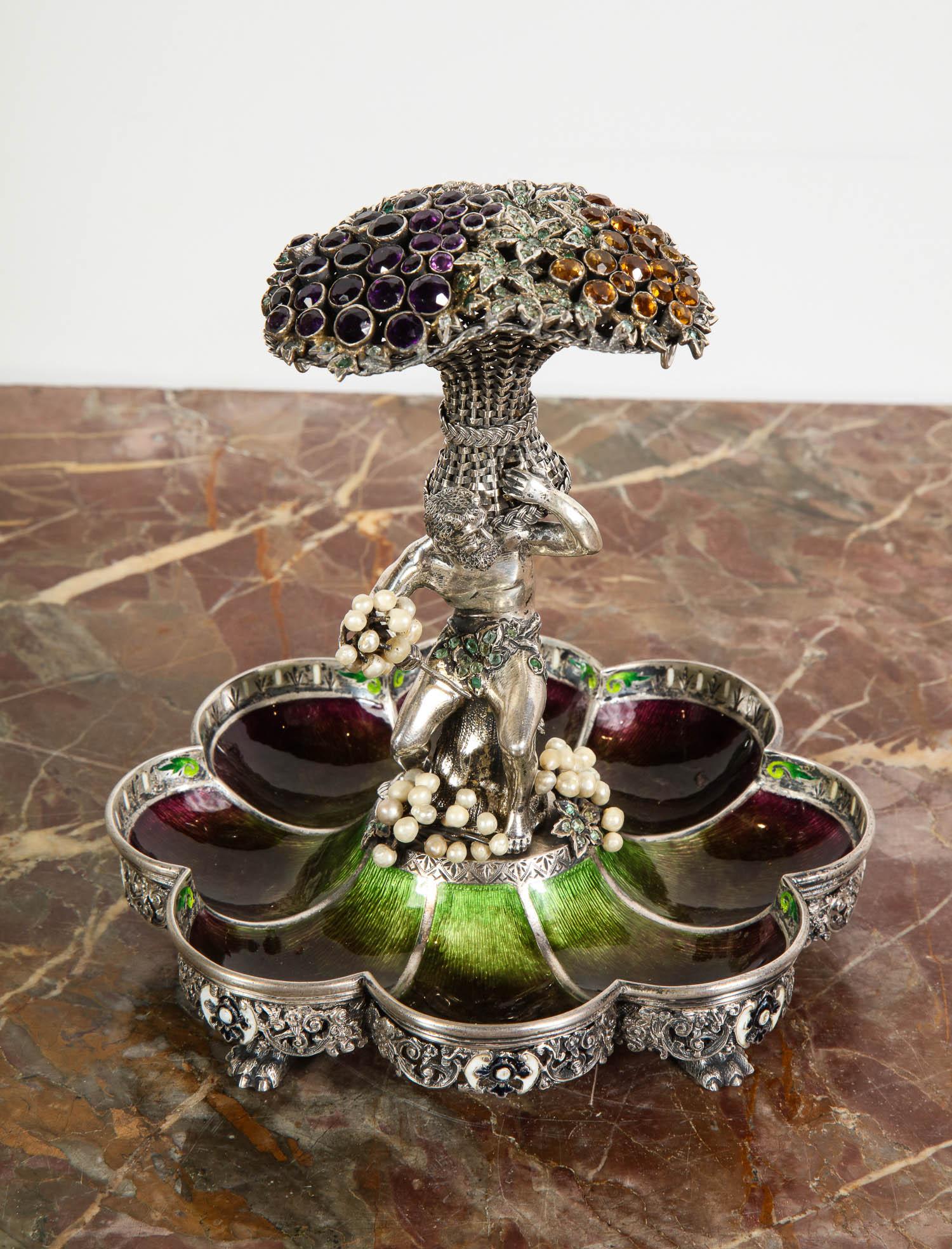 An Austrian / Viennese Silver, Enamel, and Gem-Set Tazza Centerpiece In Good Condition In New York, NY