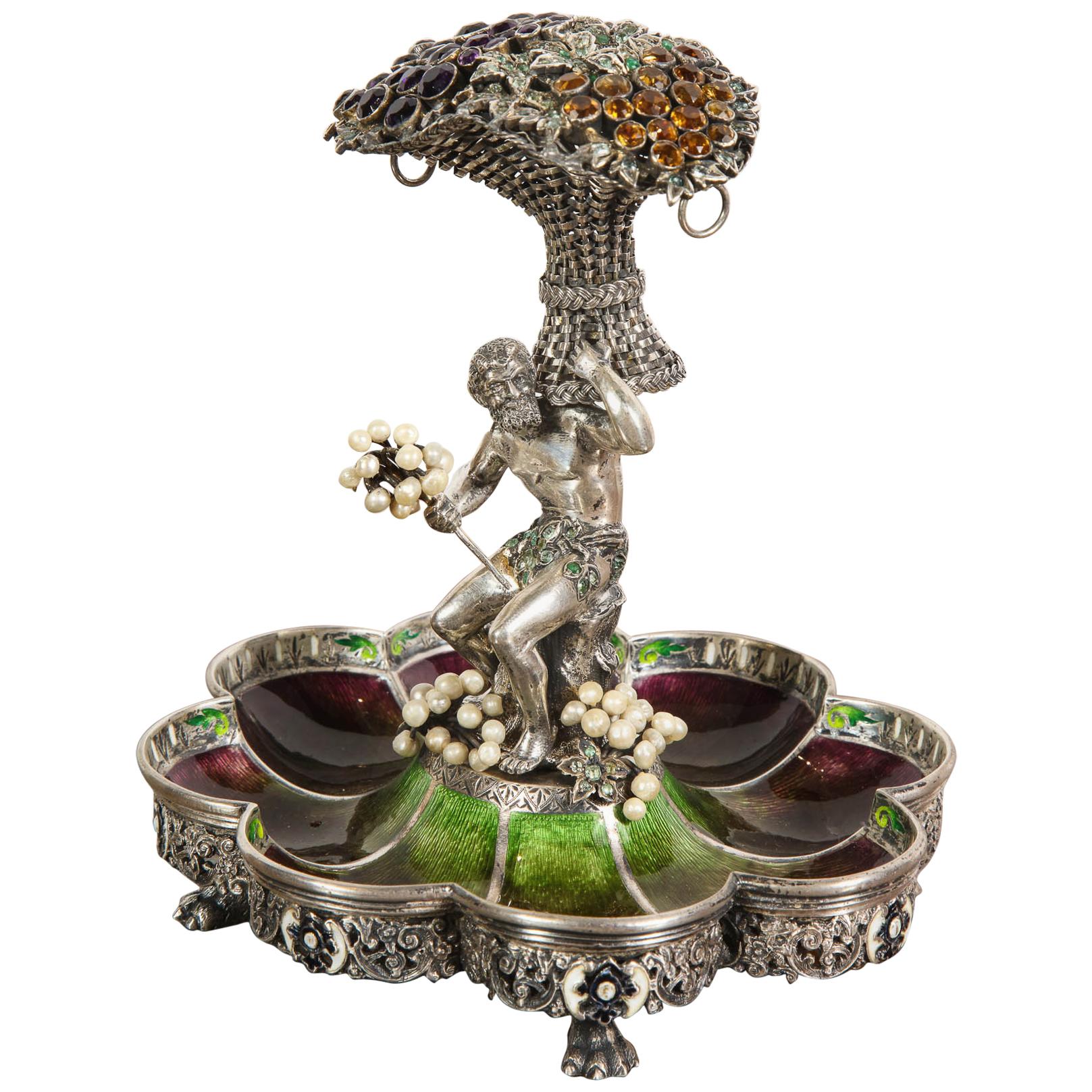 An Austrian / Viennese Silver, Enamel, and Gem-Set Tazza Centerpiece