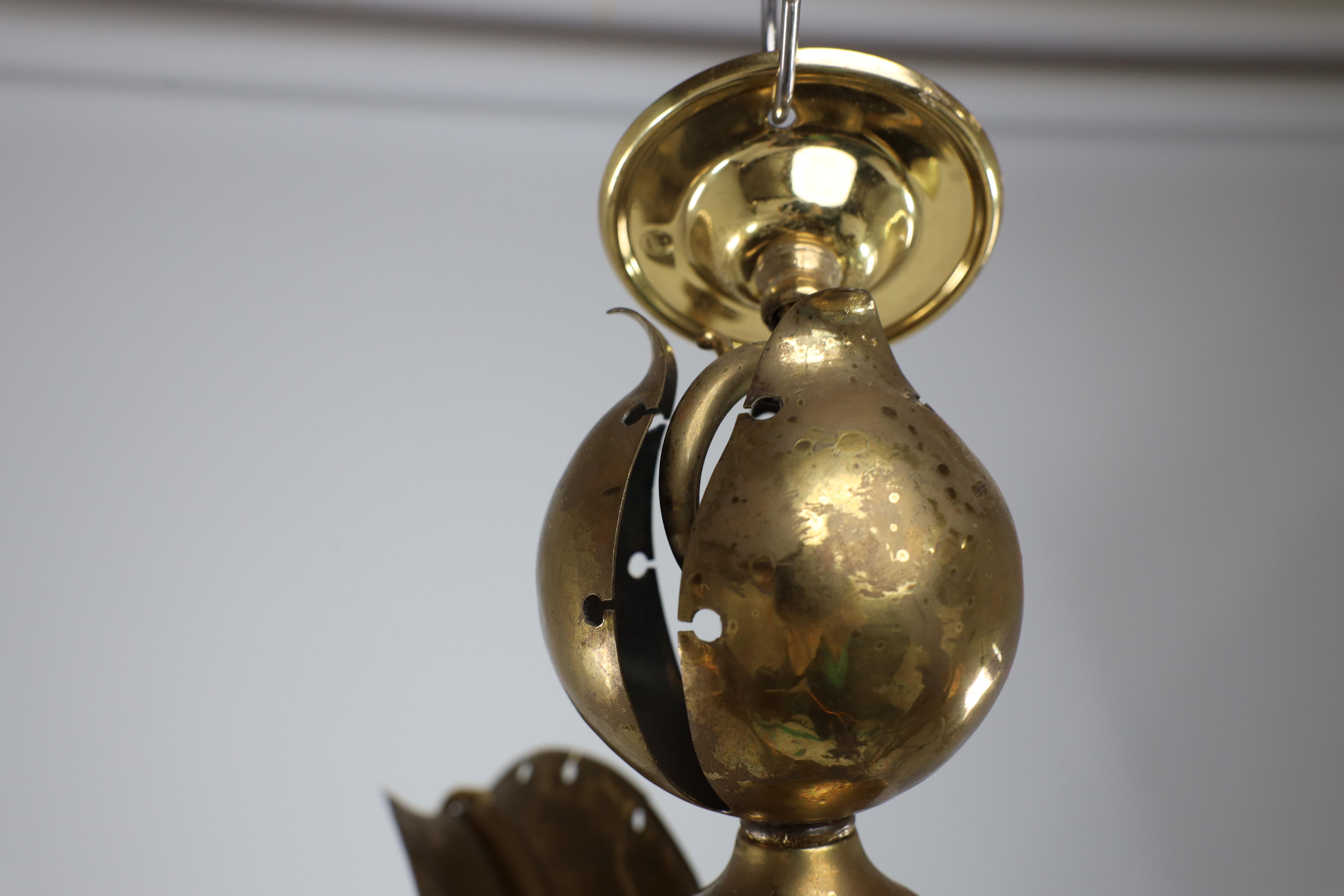 English A brass three arm ceiling light with a central shaped sphere & leaf decoration For Sale