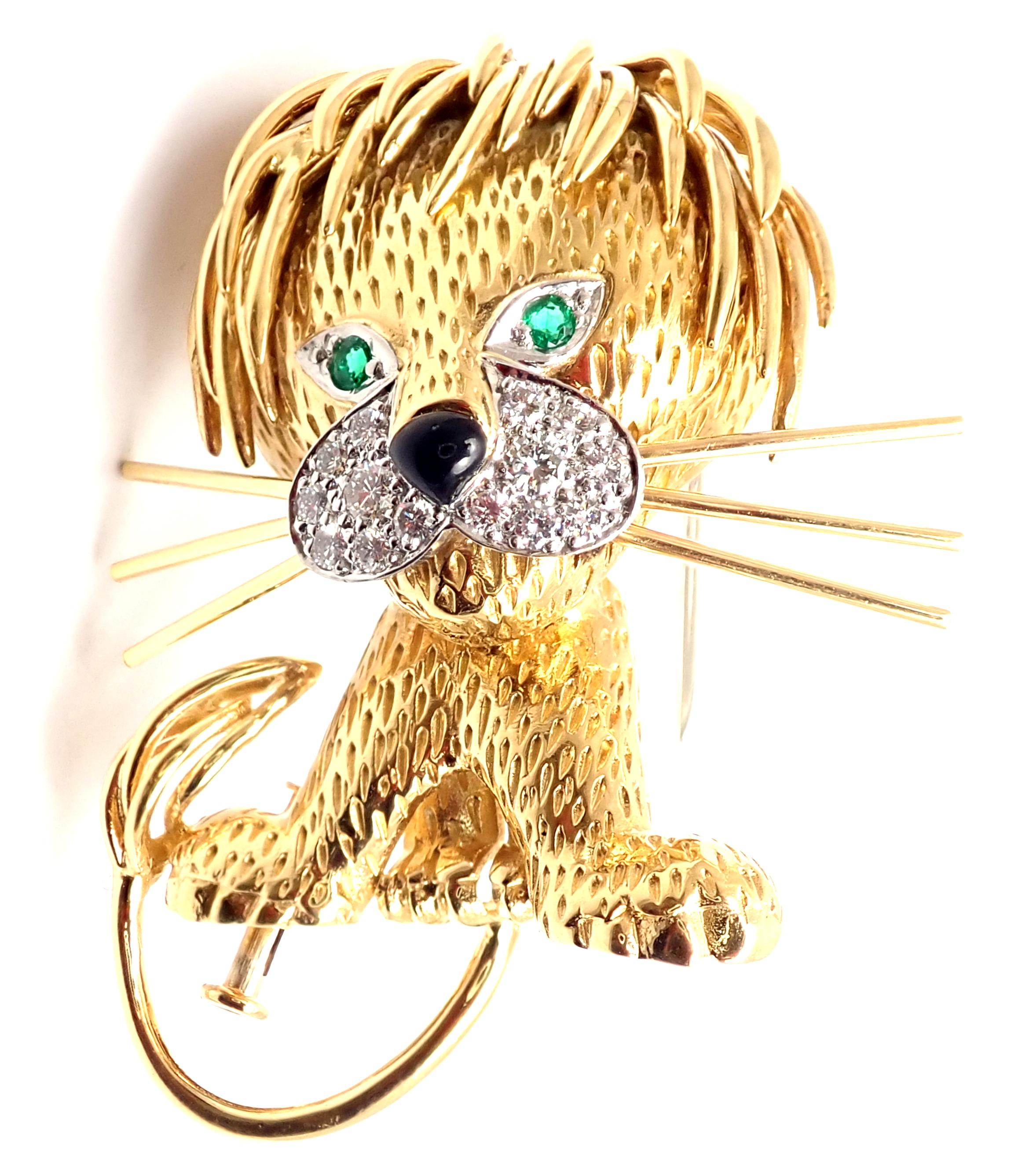 18k Yellow Gold Diamond Emerald Onyx Lion Ebouriffe Large Brooch Pin by Van Cleef & Arpels. 
With 14 round brilliant cut diamonds VVS1 clarity, E color total weight approx. .33ct
Details: 
Weight: 23.7 grams
Measurements: 2