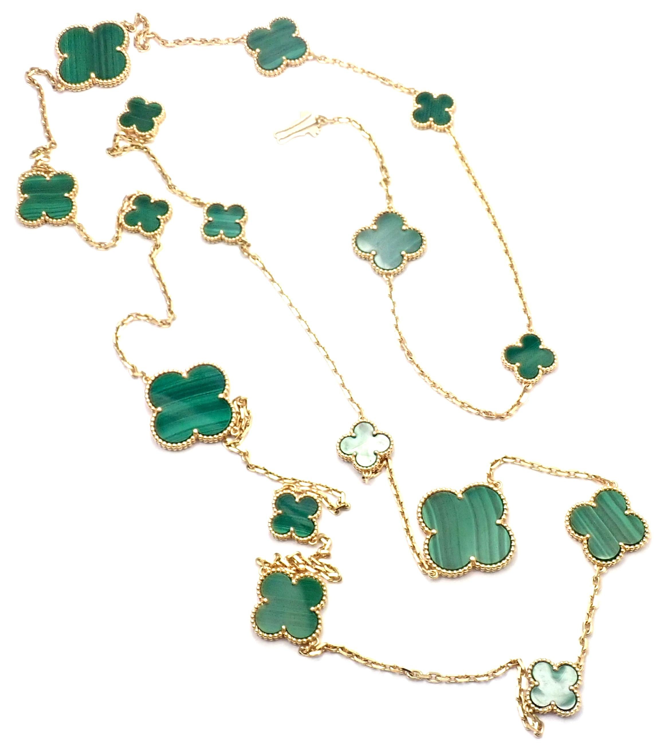 Van Cleef & Arpels Magic Alhambra Malachite 16 Motif Long Yellow Gold Necklace In Excellent Condition In Holland, PA