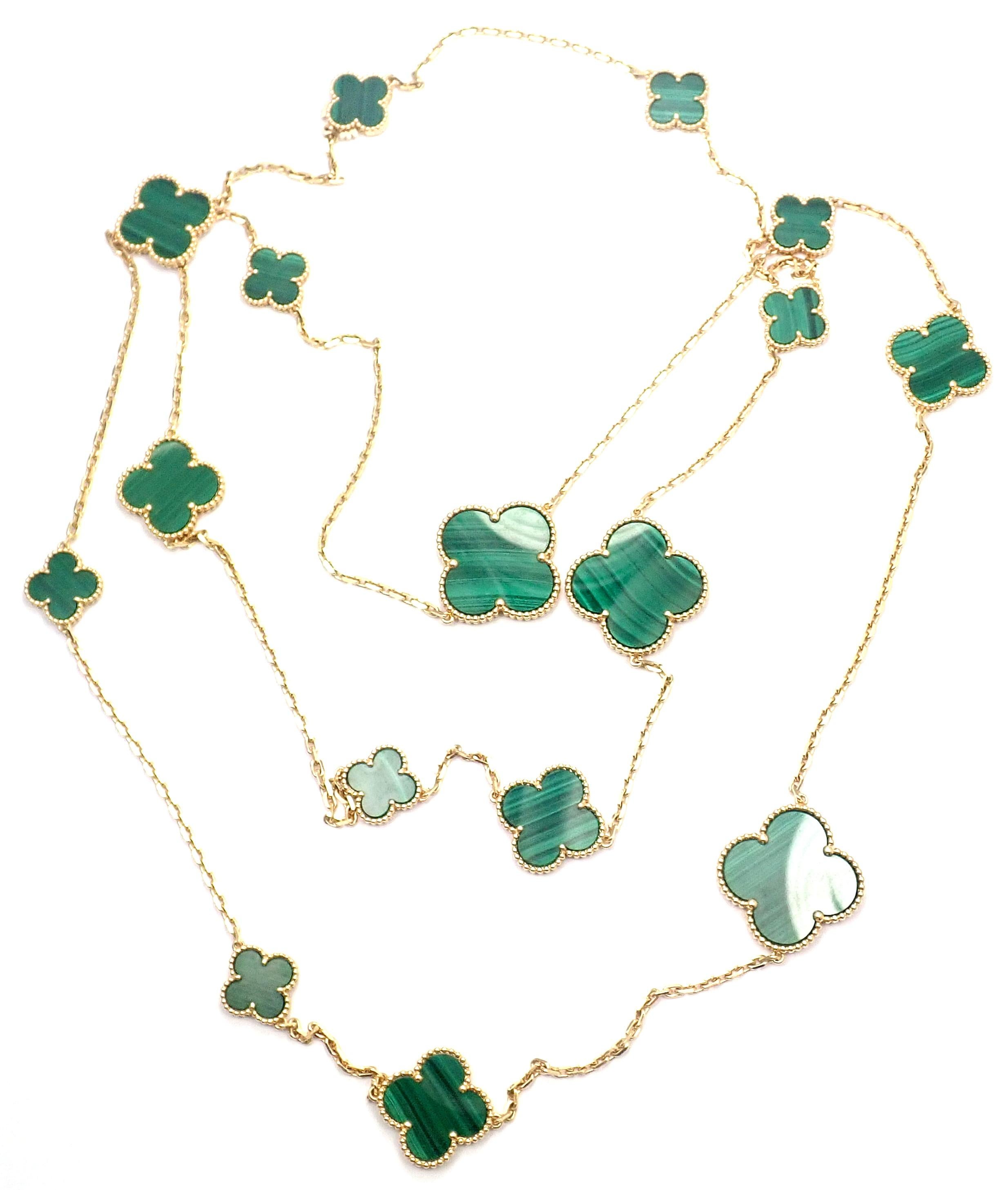 18k Yellow Gold Magic Malachite Alhambra Necklace by Van Cleef & Arpels.
With 3 Large Malachite stones: 26mm x 26mm
5 Medium Malachite Stones: 20mm x 20mm
8 Small Malachite Stones: 15mm x 15mm
This necklace comes with Van Cleef & Arpels certificate