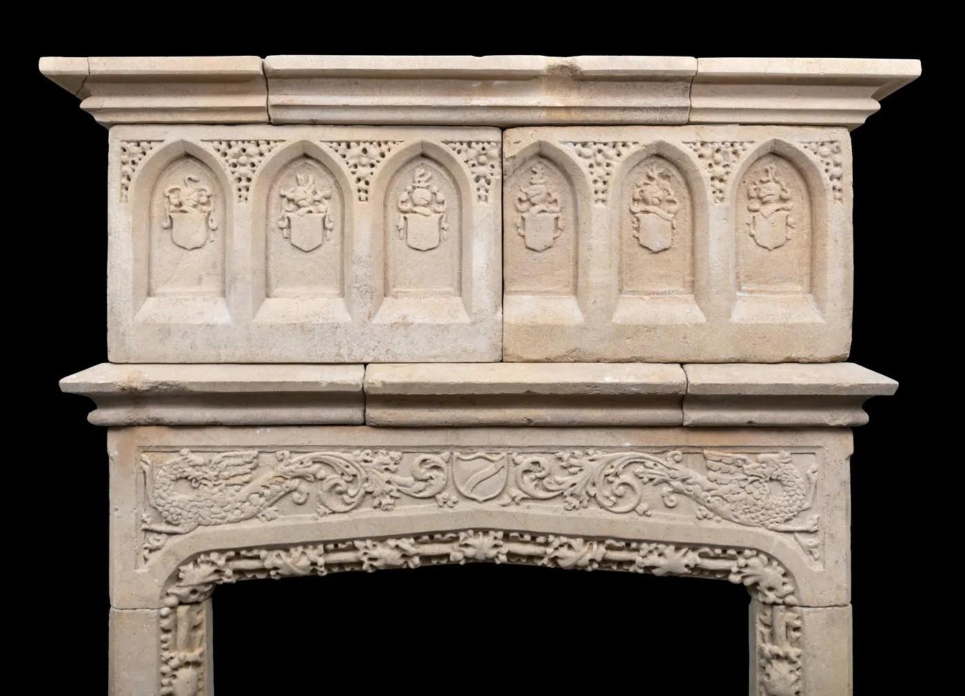 Hand-Carved An early 17th century English Jacobean period Bath-stone mantel For Sale