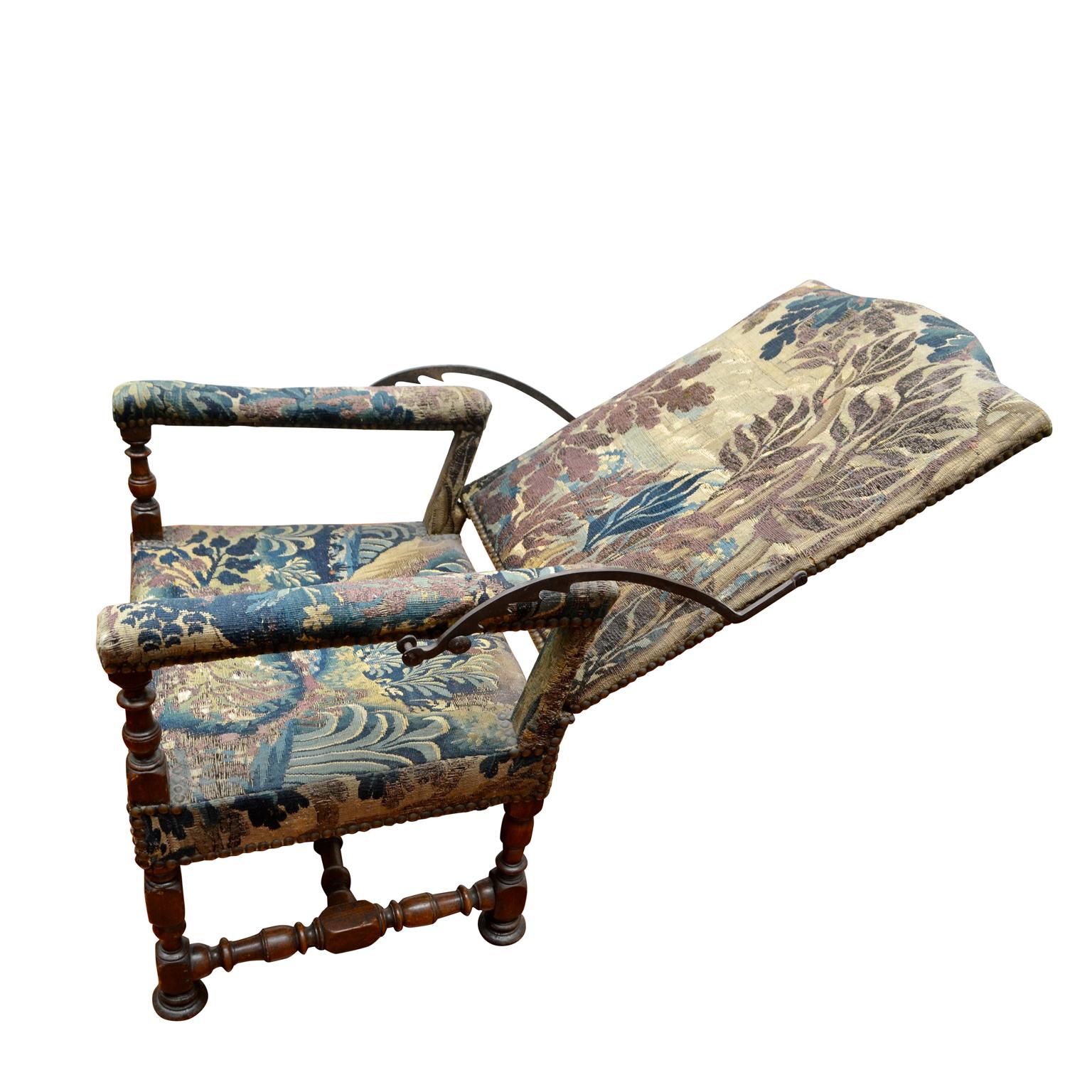 Louis XIV French Tapestry Reclining Armchair, a Veritable Medieval La-Z-boy For Sale
