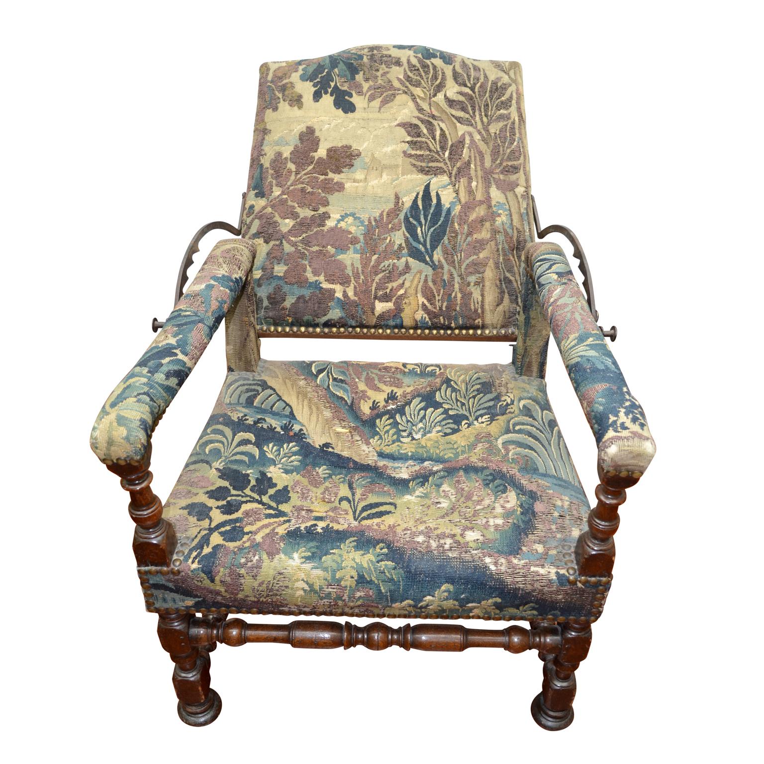 Hand-Carved French Tapestry Reclining Armchair, a Veritable Medieval La-Z-boy For Sale