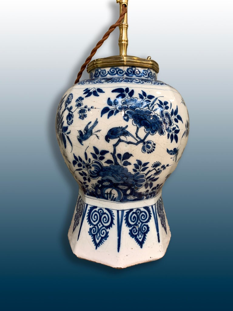 Brass Early 18th Century Dutch Delft Vase Converted into a Lamp For Sale