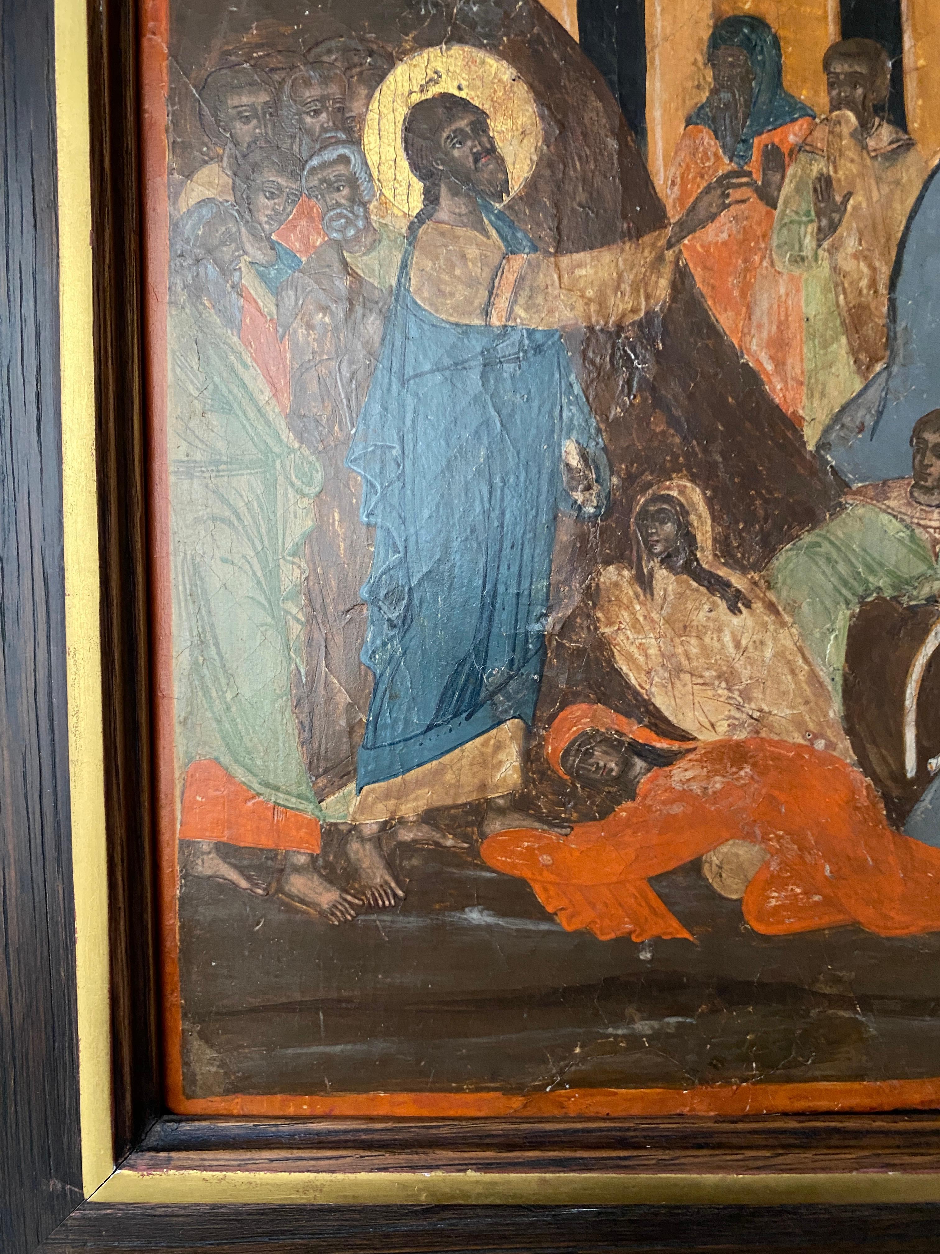 Hand-Painted Early 18th Century Greek Provincial Icon of the Raising of Lazarus