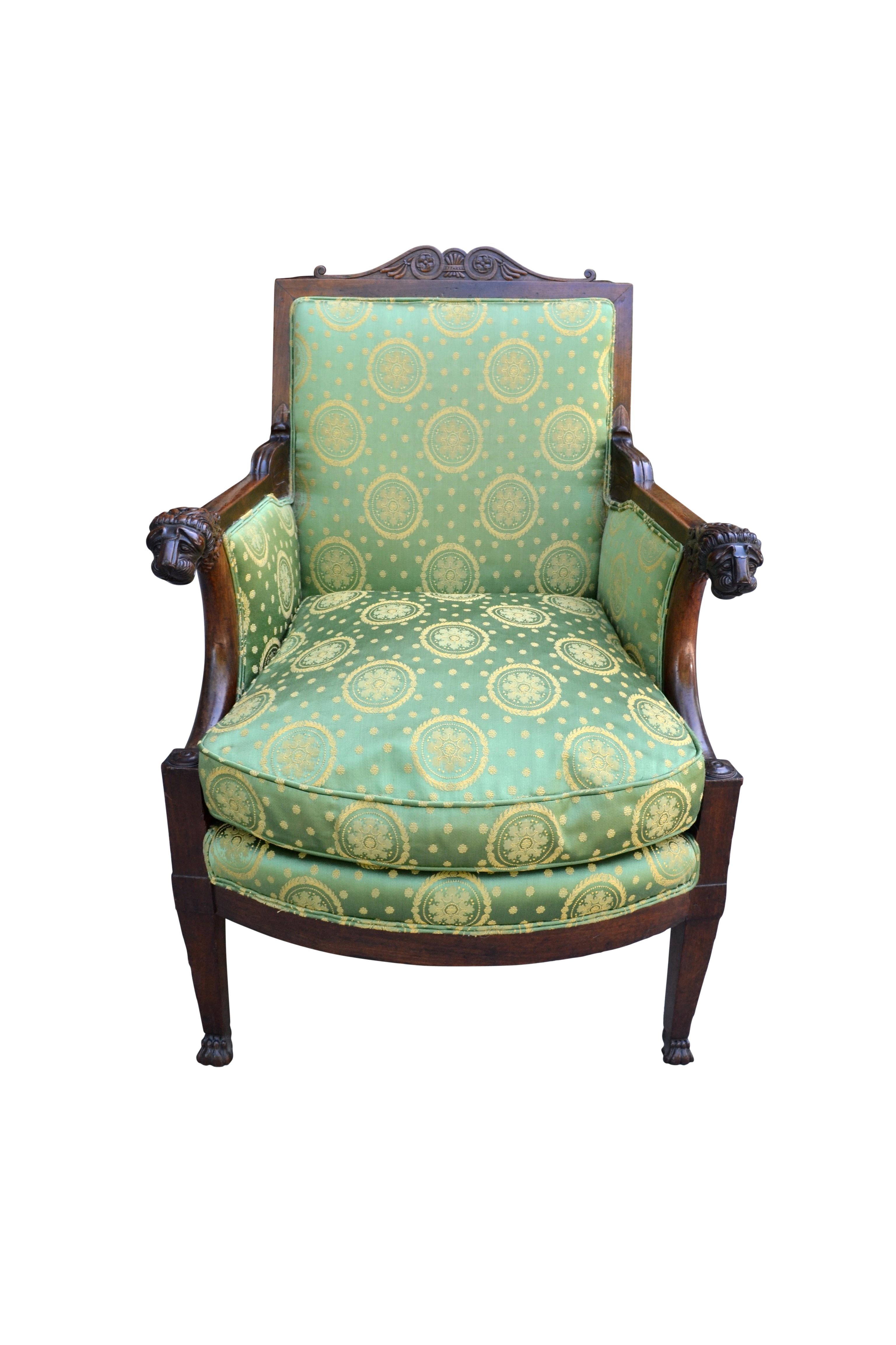 Hand-Carved Early 19th Century French Empire Mahogany Armchair For Sale