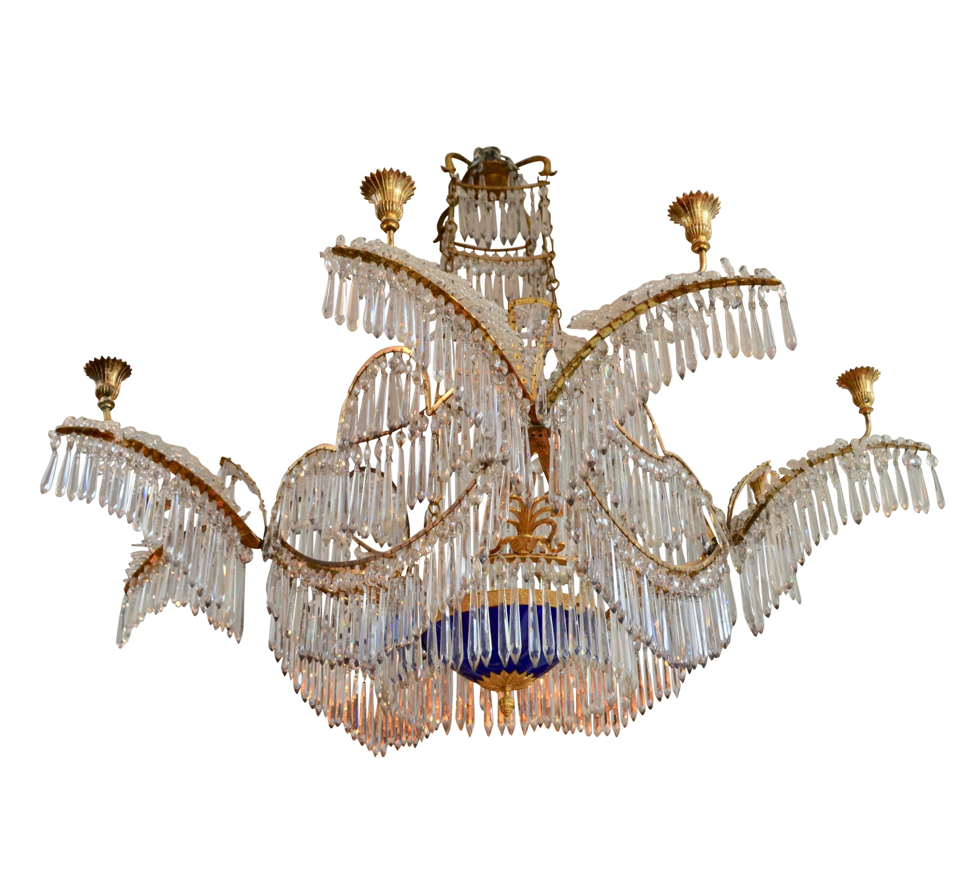Empire Early 19th Century Russian Crystal Gilt Bronze and Blue Glass Chandelier