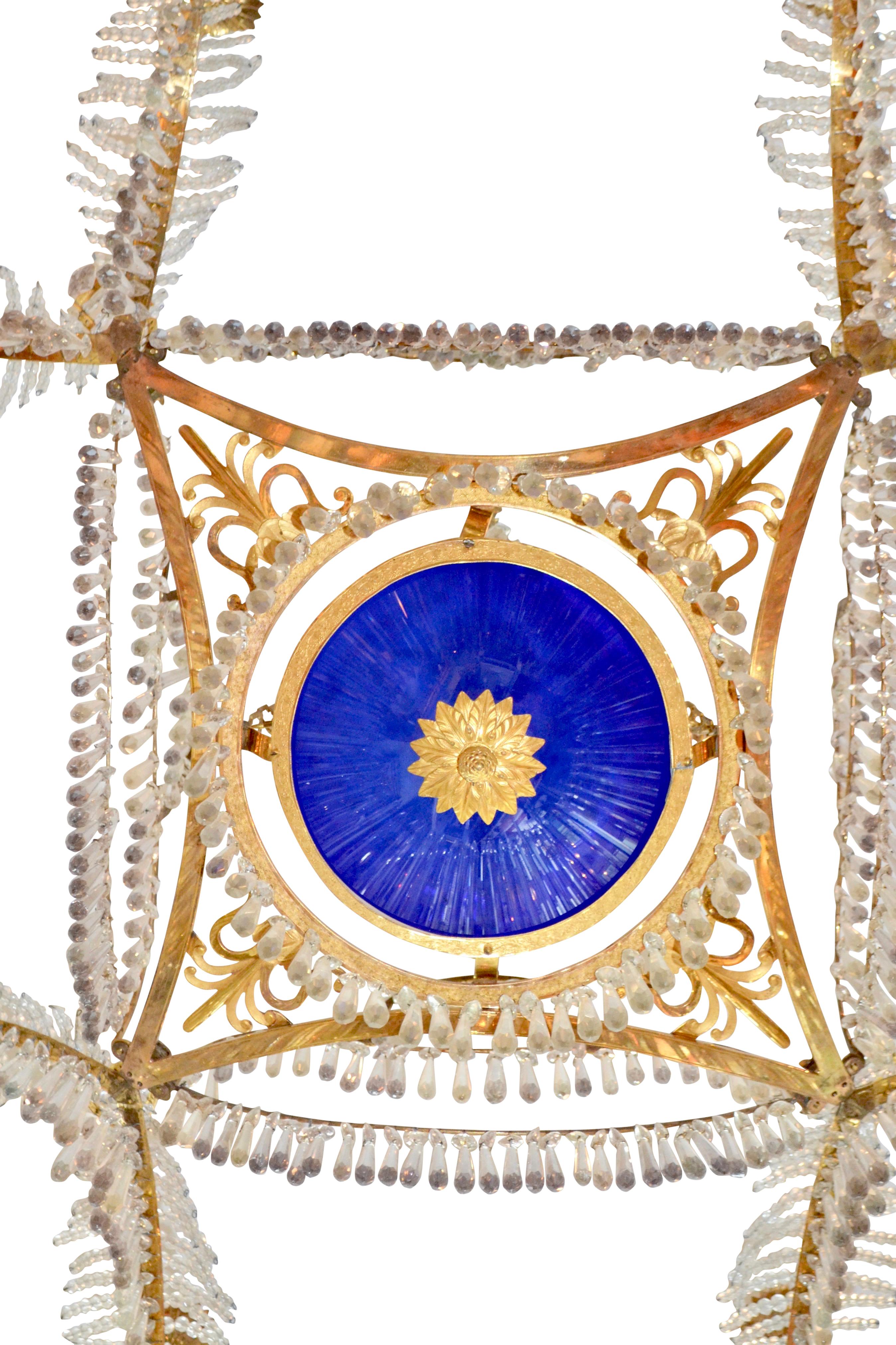 Faceted Early 19th Century Russian Crystal Gilt Bronze and Blue Glass Chandelier