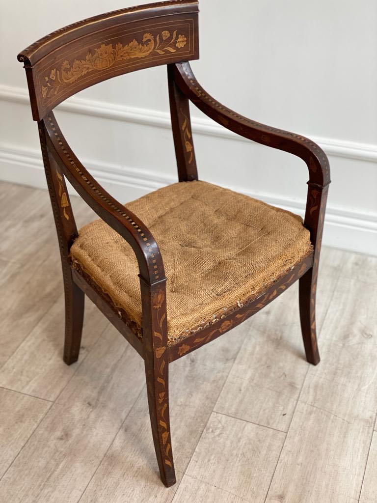 An beautiful early 19th Anglo-Dutch mahogany and parquetry Regency open armchair with un-upholstered seat and inlay details.

Lovely antique condition with some missing parquetry and a small repaired break in the arm which doesn't take away from